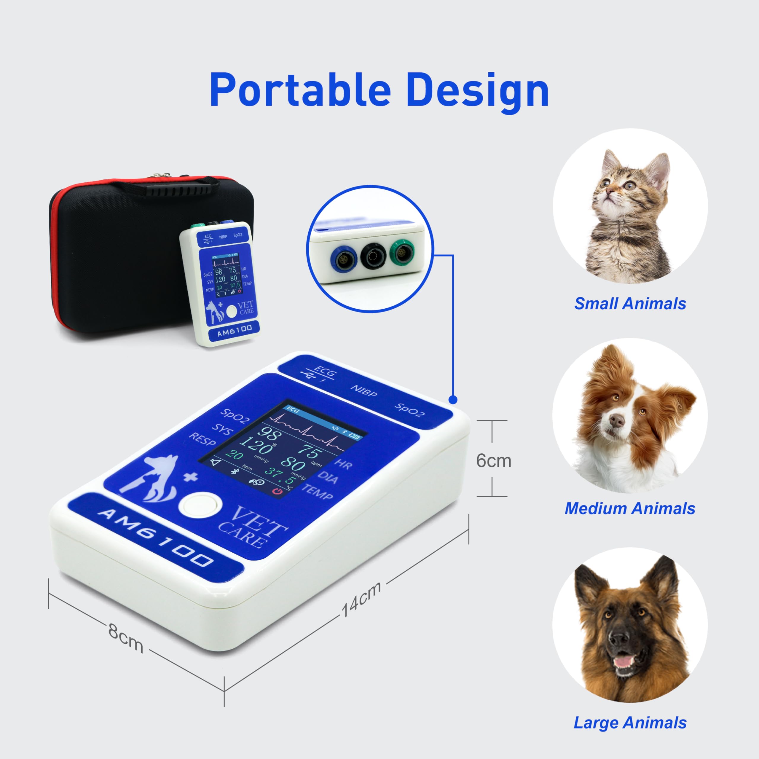 Monitor veterinario digital para perros, gatos y mascotas, equipo de cuidado de animales de 6 parámetros, monitor de presión de pulso Spo2 para uso en clínicas domésticas, fácil operación y
