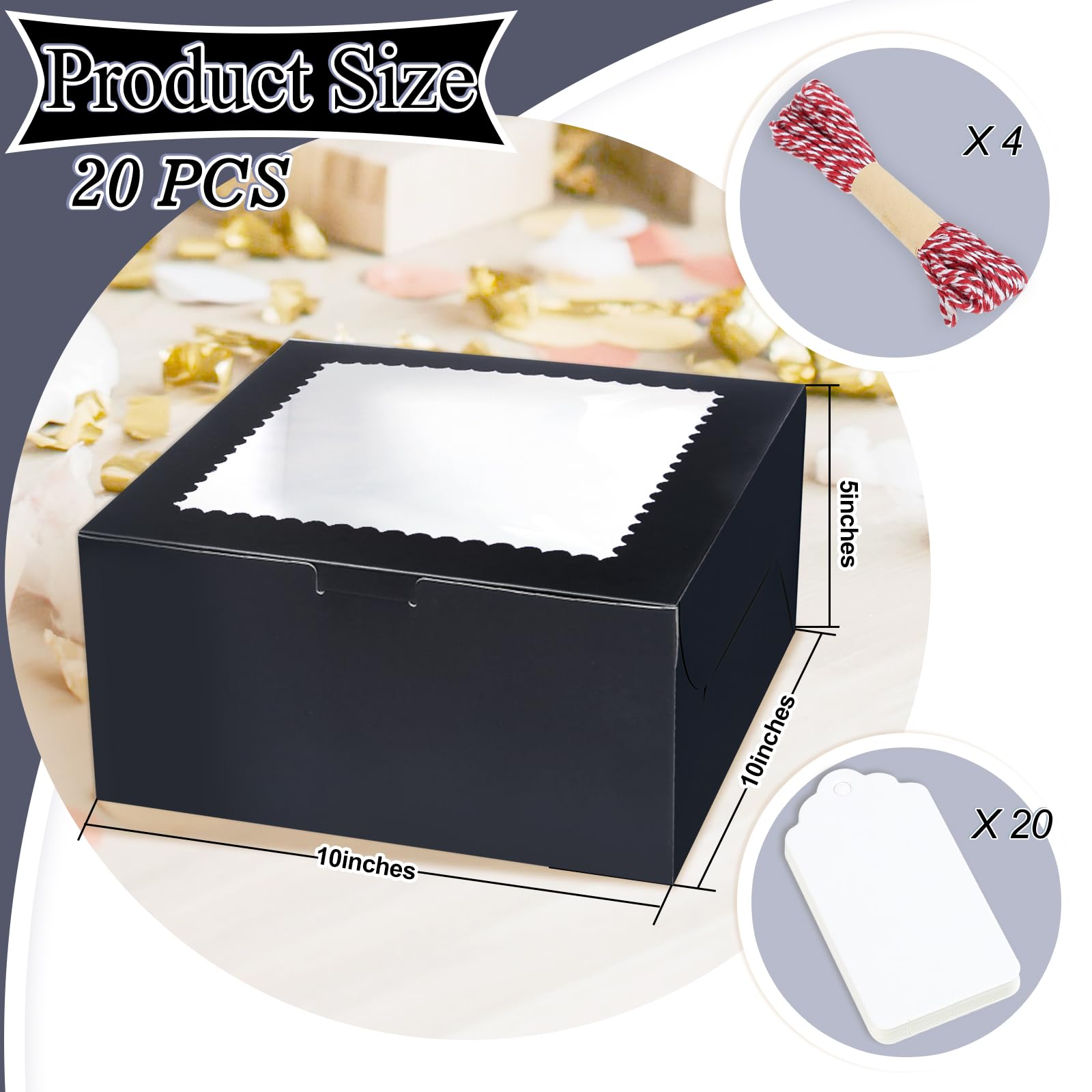 20 scatole per torte da 25,4 cm con finestra, 25,4 x 25,4 x 12,7 cm, scatole nere per pasticceria, torte, biscotti, cioccolatini, cupcake, feste di compleanno, matrimoni, San Valentino