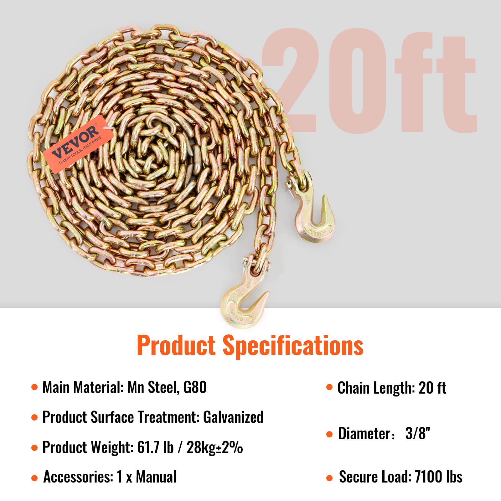 VEVOR Chaîne de Transport Crochets Lot de 2 Chaine de Reliure de Remorquage G80 Capacité Charge 3220 kg​​ 9,53 mm x 6 m Revêtement Galvanisé Acier au Manganèse pour Chantier de Construction Usine Quai