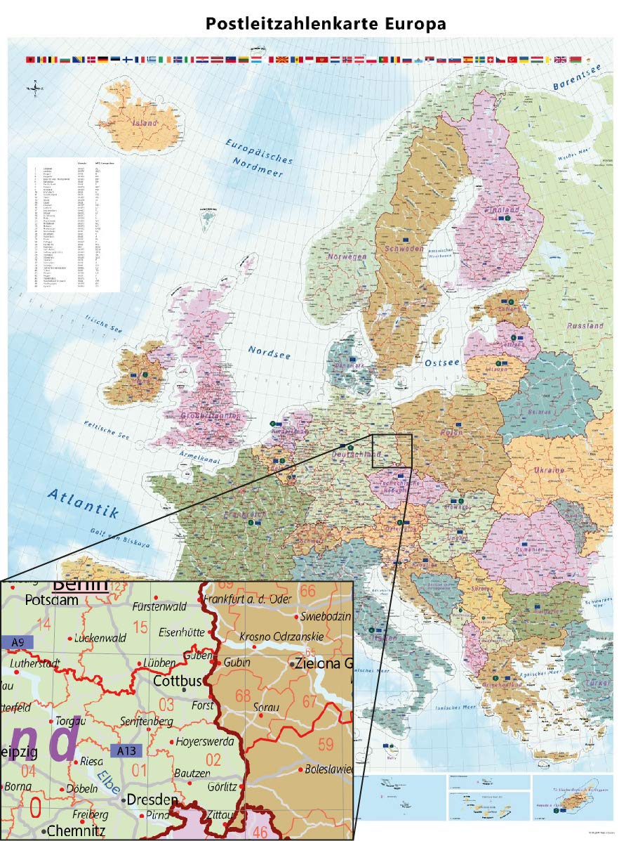 Postleitzahlenkarte Europa, Wandkarte mit Laminierung (beschreib- und abwischbar), 89,5 cm X 122,5 cm Auflage 2020 Brexit