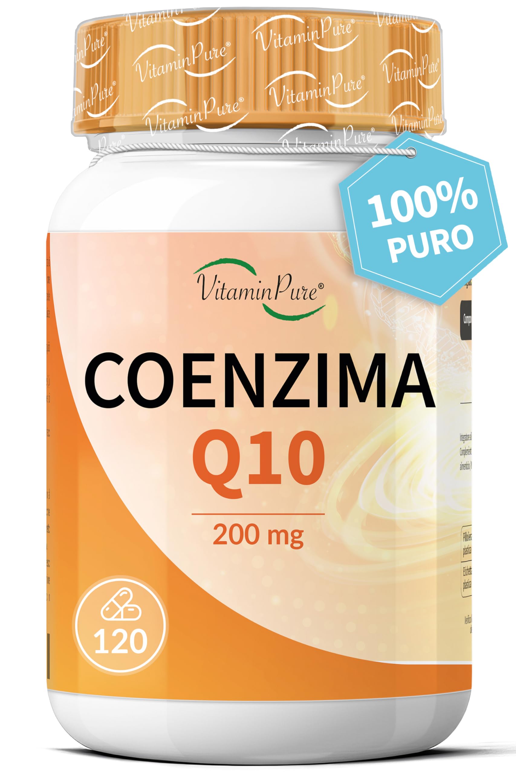 VitaminPure - Coenzima Q10 200mg, 120 Capsule con Ubiquinone Puro Alto Dosaggio, Coq10 200mg Fermentato Naturalmente, Coq10 Alta Biodisponibilità, Q10 Coenzima integratore