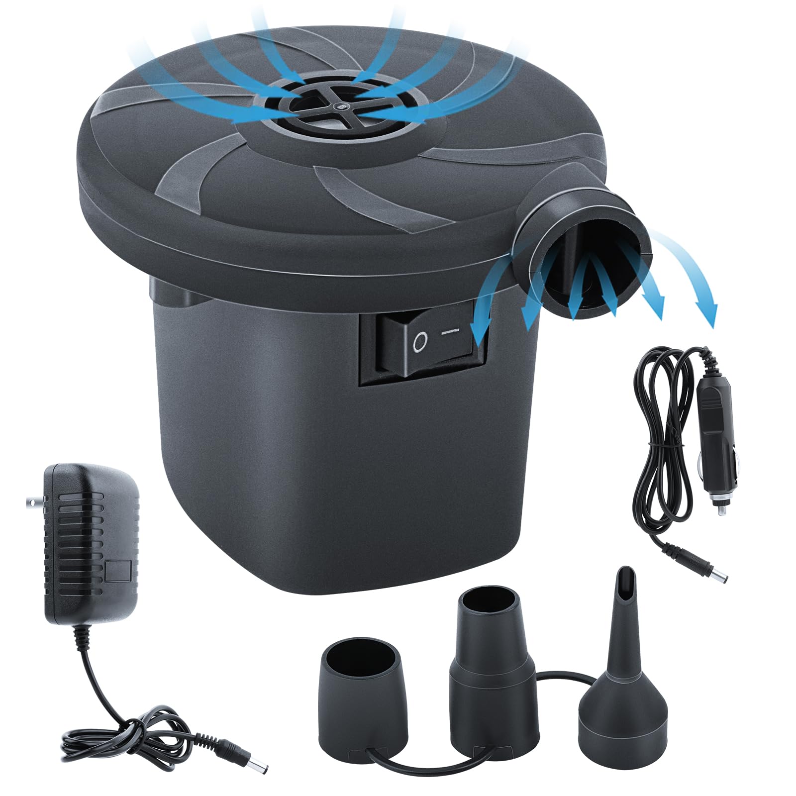 Inflador Electrico,Bomba de Aire Eléctrica, Inflador Colchon Hinchable 2 en 1, 240V AC / 12V DC Bomba EléCtrica para Casa y Coche, Hinchador Colchon Hinchable de Llenado Rápido con 3 Boquillas