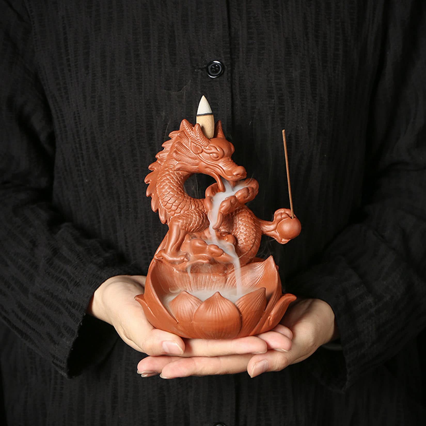 Keramik Wasserfall Räucherstäbchen, Backflow Räucherstäbchen, Räucherstäbchen Halter, Drachen Räucherstäbchen, Räucherstäbchen Sitz Mit 20 Backflow Räucherkegel+30 Räucherstäbchen,Braun