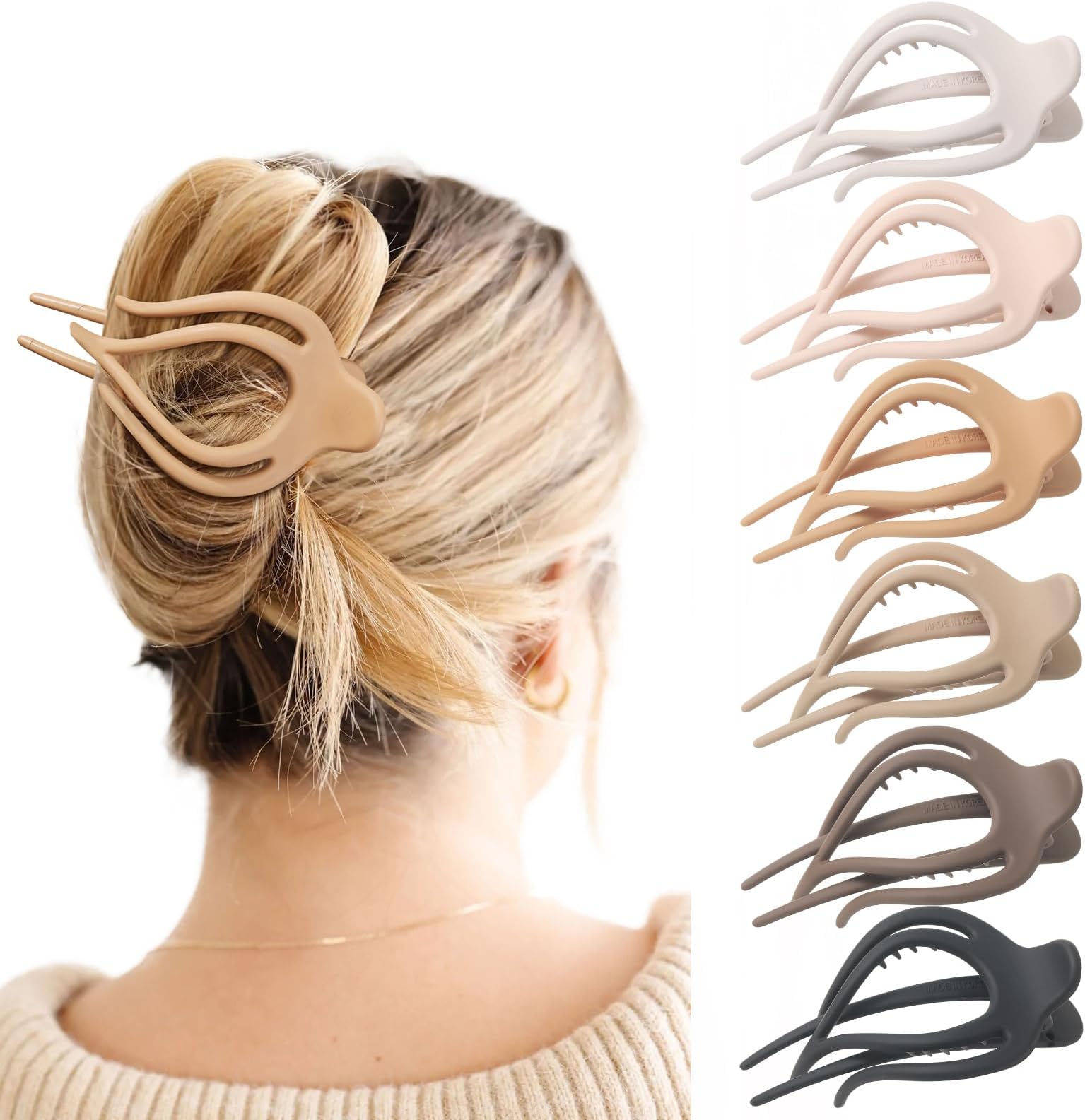 French Concord Hair Clips Claw - 6Pcs Side Slid Flat Hair Clips for Volume Strong Hold No Slip Grip Hair Claw Clips for Women Girls Thick Thin Hair (Matte Curved(Medium,4 inches))