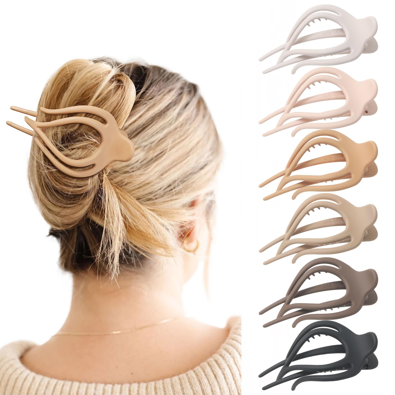 French Concord Hair Clips Claw - 6Pcs Side Slid Flat Hair Clips for Volume Strong Hold No Slip Grip Hair Claw Clips for Women Girls Thick Thin Hair (Matte Curved(Medium,4 inches))