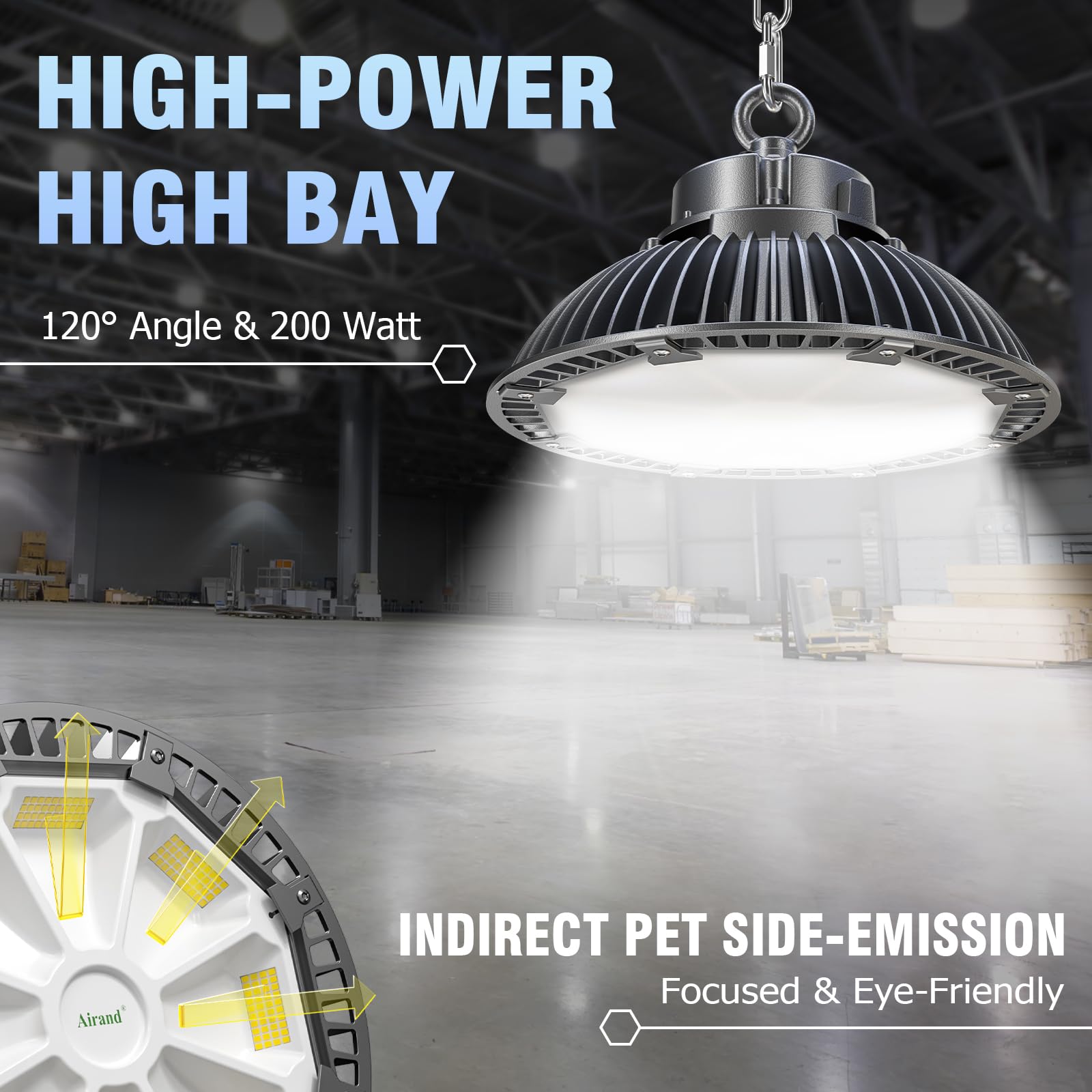 Airand Faretto LED per interni, 200 W, UFO 28000 lm, IP65, impermeabile, High Bay per garage, terrazza, cantieri, sala, fienile 5500 K