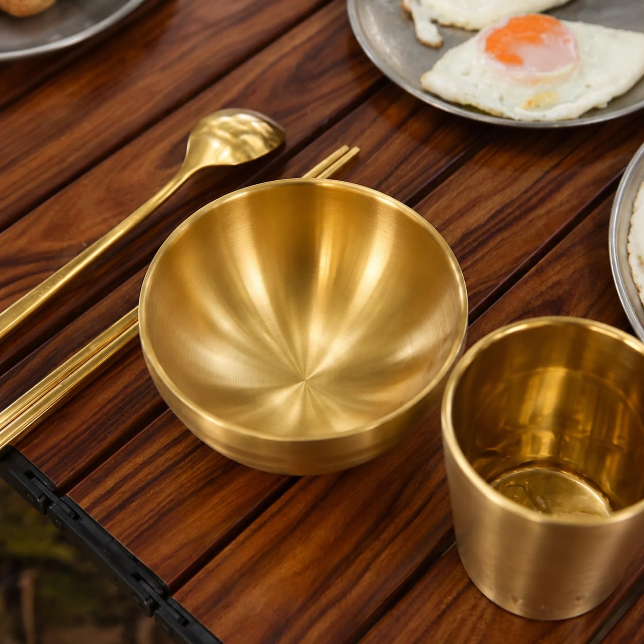 Gold Göffel Edelstahl, Reise Göffel für Camping, Kompakt Camping Set, Outdoor mit Tasche, 4-Personen-Set, Gold
