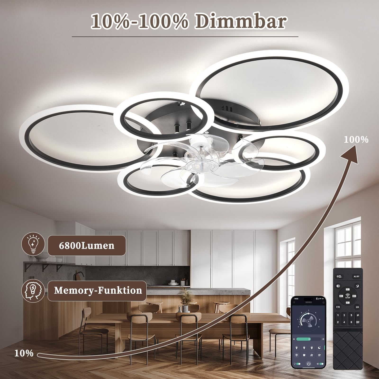 Verlichte plafondventilator, dimbare LED-plafondventilatorlamp met afstandsbediening, 85W 6800lm plafondventilator met lamp, 6 snelheden, ventilator lamp plafond voor slaapkamer, Wit Verlichte plafondventilator, dimbare LED-plafondventilatorlamp met afstandsbediening, 85W 6800lm plafondventilator met lamp, 6 snelheden, ventilator lamp plafond voor slaapkamer, Wit