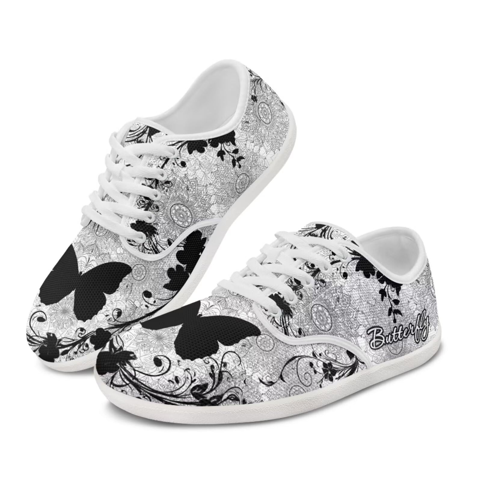 Glomenade Mandala Butterfly Print Womens Laces-up Minimalist Barefoot Low Zero Drop Shoes Female Sneakers Width Ladies Size 9 Wide Toe Box Trail Running Wider Tennis