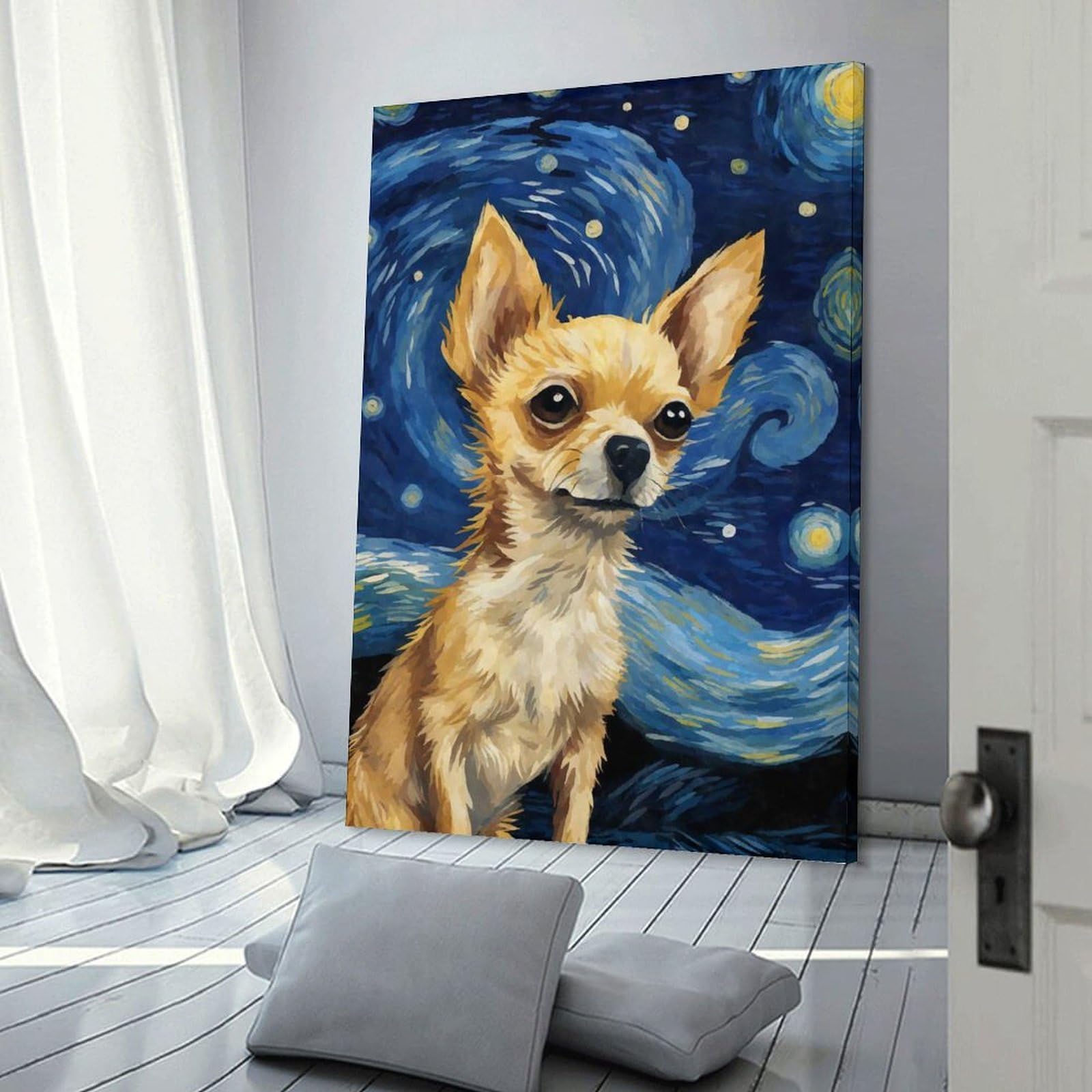 Junmoney Frame-Style-24-2 Canvas Wall Decor Chihuahua Starry Night, 20X30inch(50X75cm), For Lounge Decor, Bedroom Walls Or Flats, Eye Catching Artwork For Blank Walls