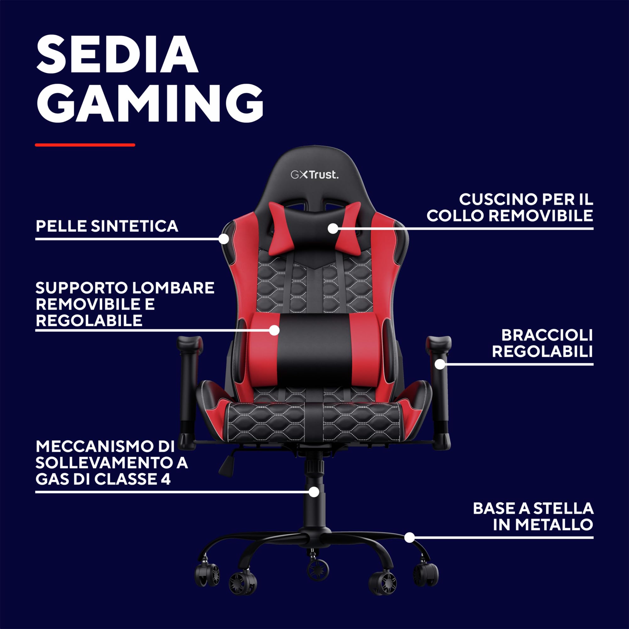 Trust Gaming GXT 708R Resto Sedia Gaming, Sedia 360° con Cuscini Rimovibili, Regolabile in Altezza, Sedia Girevole da Scrivania per PC, Ufficio, per Gioco – Rosso