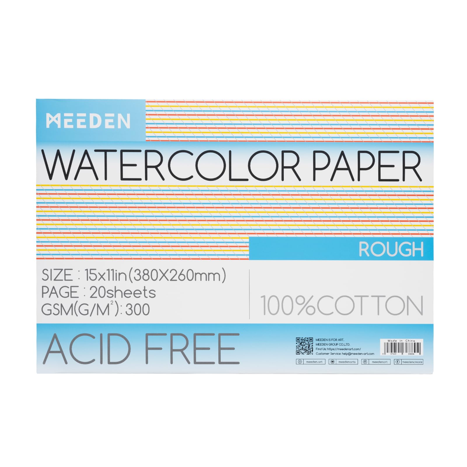 Meeden Rough Grain Watercolor Paper Block - 100% Cotton Watercolor Paper Pad Of 20 Sheets, 140Lb/300Gsm, Acid-Free Art Paper For Watercolor, Gouache, Ink And More, 15" X 10" Rough