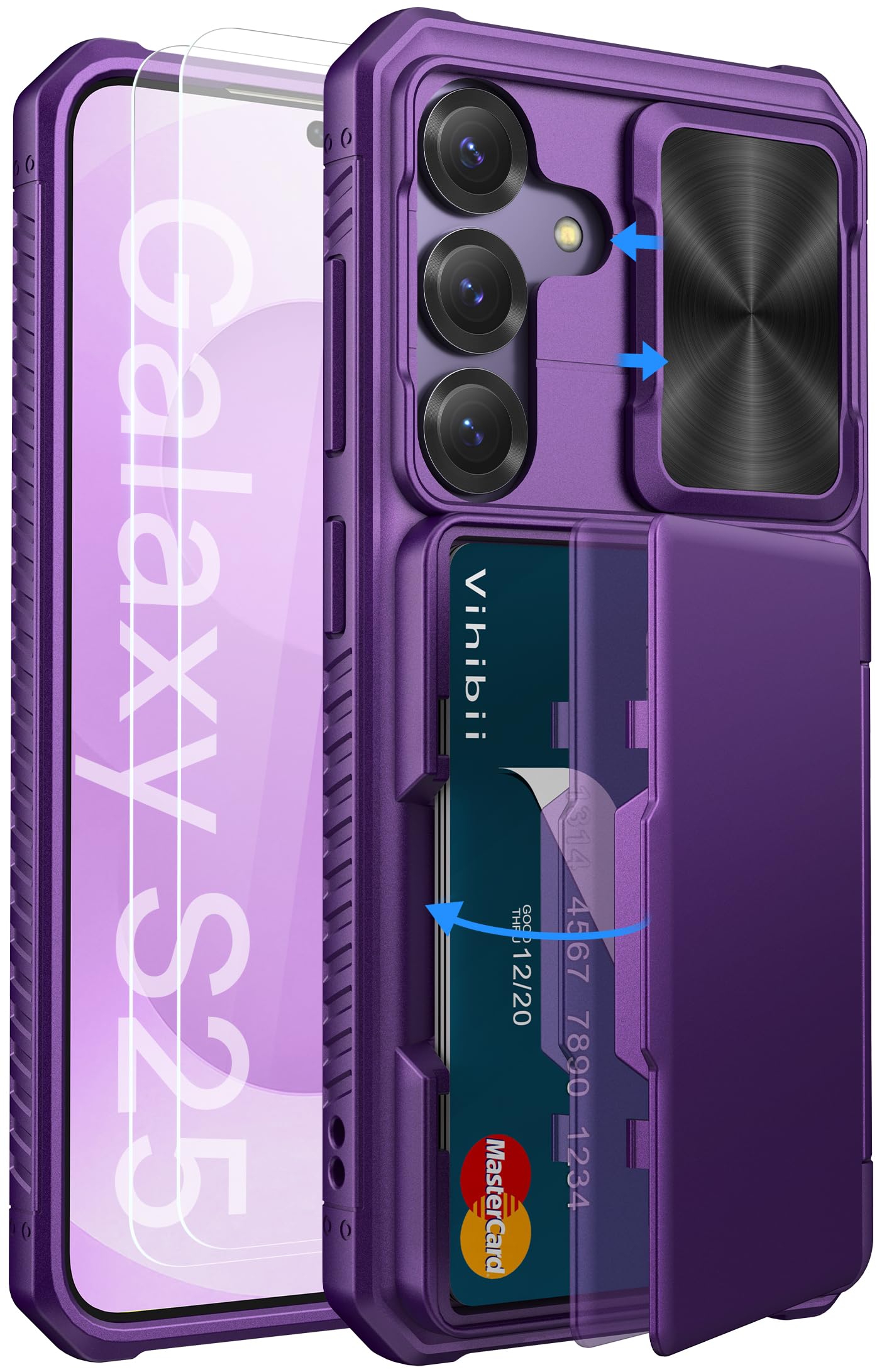 Vihibii for Samsung Galaxy S25 Case with [2X Screen Protector], Built-in Card Holder (4 Cards), [RFID Blocking] & Slide Camera Cover & Tempered Glass
