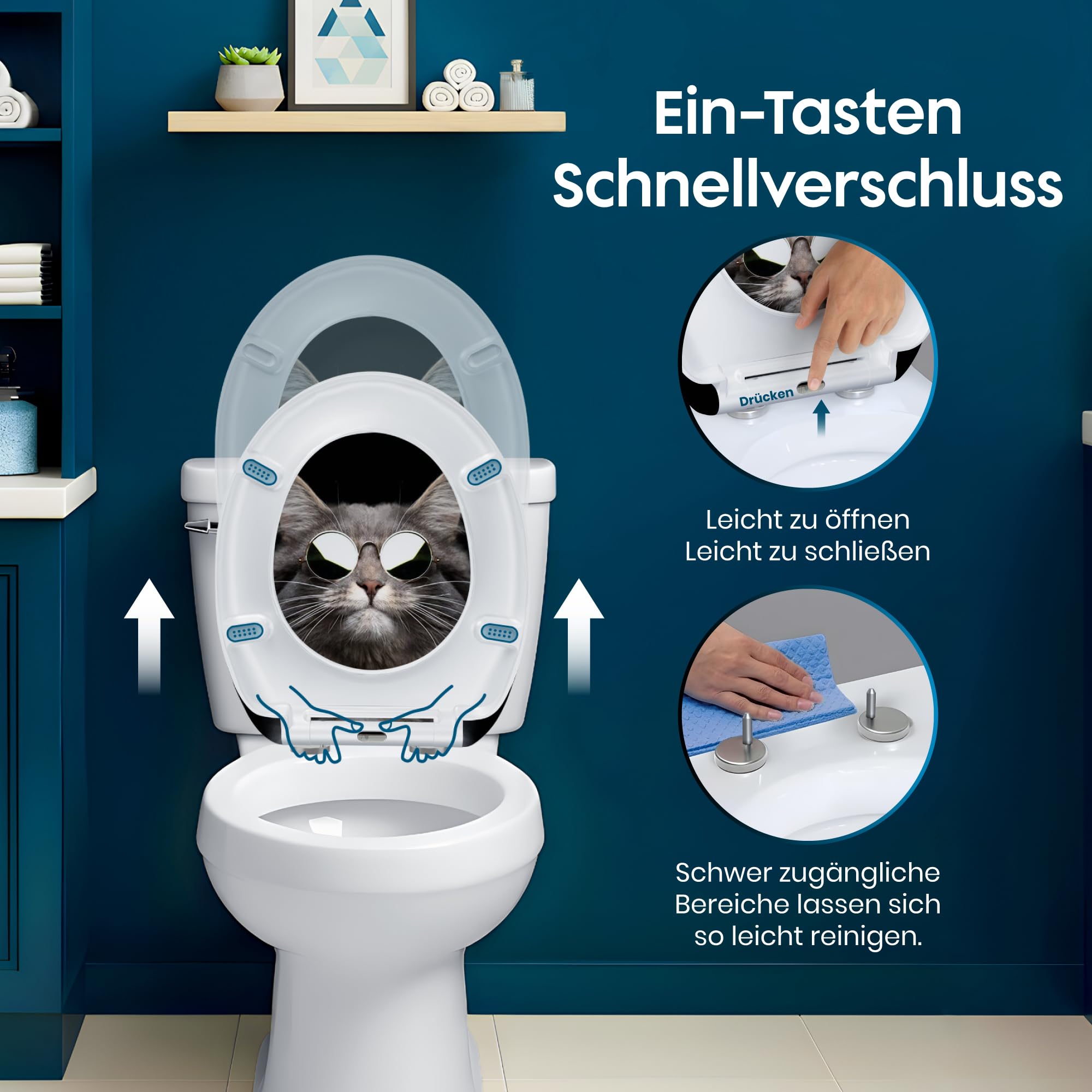 WC Sitz Mit Absenkautomatik -Antibakteriell, Toilettendeckel Mit Absenkautomatik UV-Beständig, Klodeckel Mit Absenkautomatik - Quick-Release Funktion, Inkl. Installationsschablone (Cool Cat)