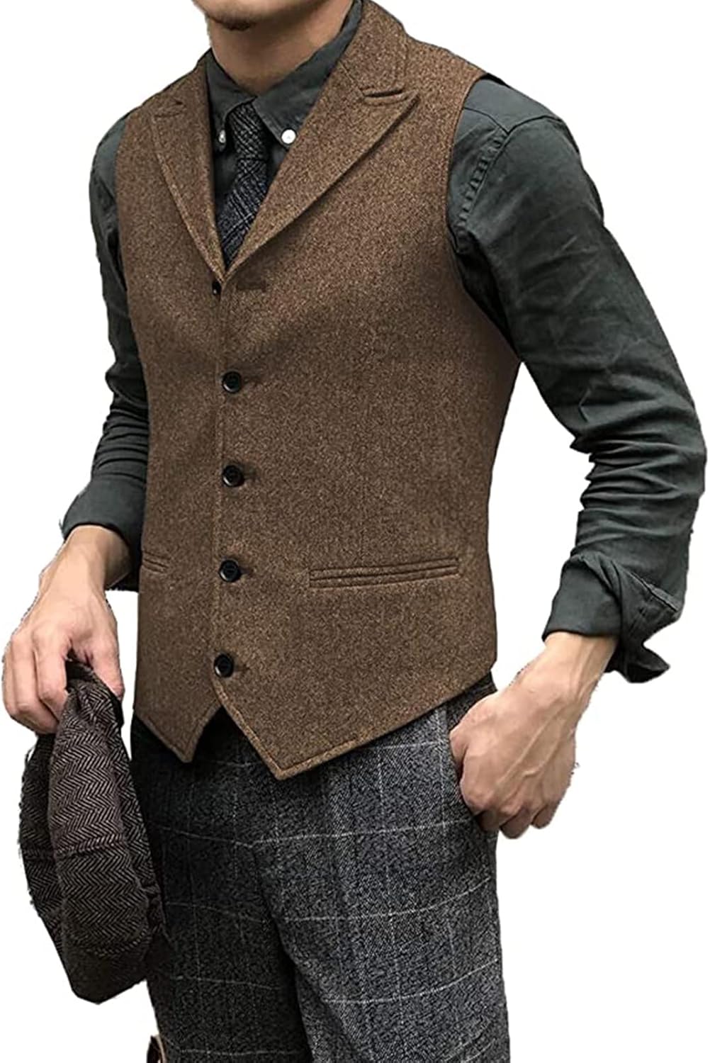 Groomsmen Tweed Suit Waistcoat, Men's Lapel 5 Button Casual