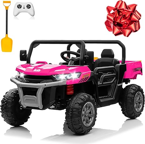 24V 4WD Ride on Truck Car w/4X200W Motor, Dump Bed, Gift Flower, 2 Seaters, Remote Control, 4 Wheeler, LED Light, Music, 24 Volt Battery Powered Ride on Toys for Big Kids Girls 3-8, Pink