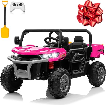 24V 4WD Ride on Truck Car w/4X200W Motor, Dump Bed, Gift Flower, 2 Seaters, Remote Control, 4 Wheeler, LED Light, Music, 24 Volt Battery Powered Ride on Toys for Big Kids Girls 3-8, Pink