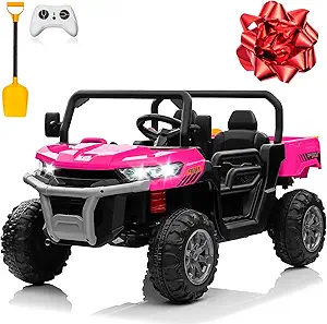 24V 4WD Ride on Truck Car w/4X200W Motor, Dump Bed, Gift Flower, 2 Seaters, Remote Control, 4 Wheeler, LED Light, Music, 24 Volt Battery Powered Ride on Toys for Big Kids Girls 3-8, Pink