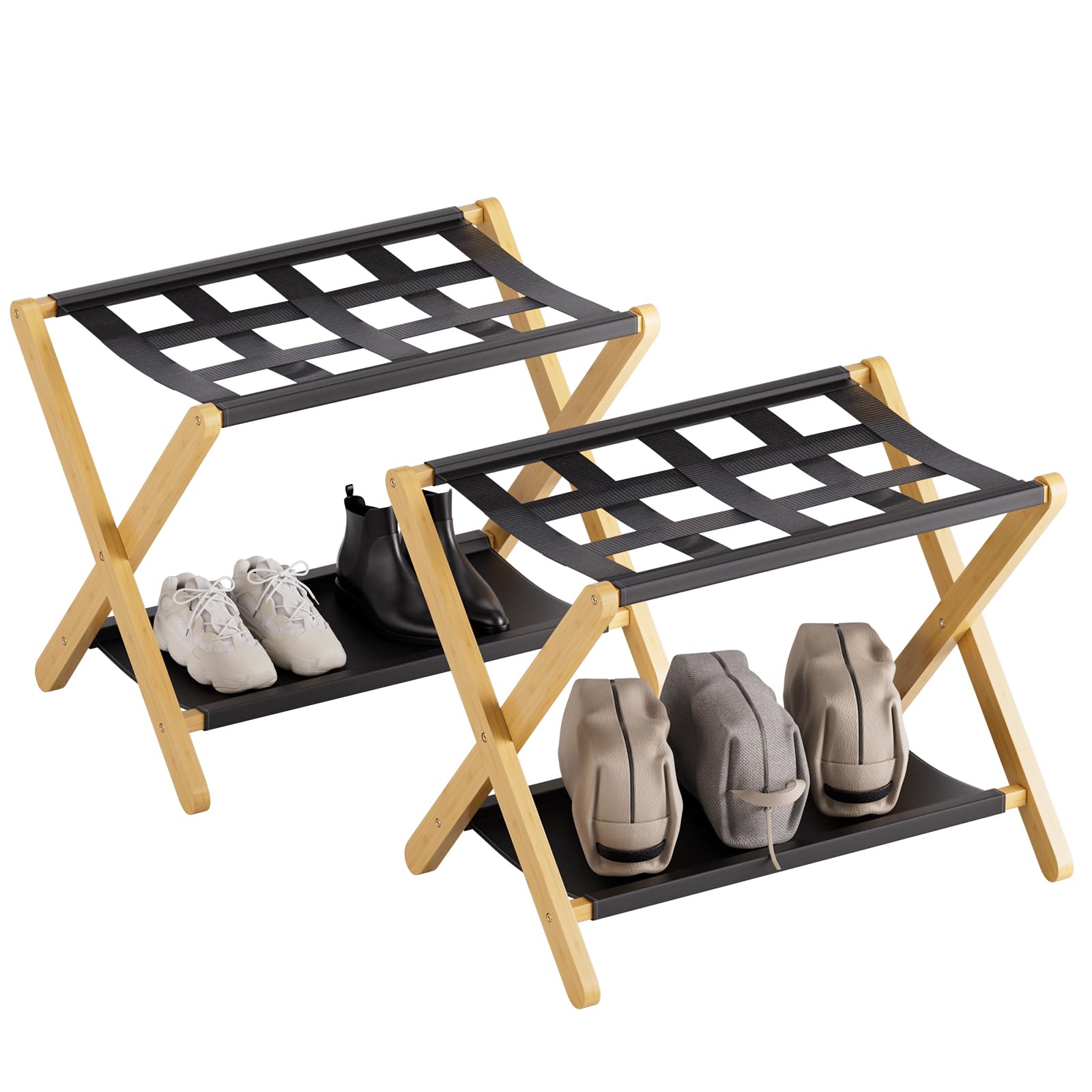 HITNET Luggage Rack 2 Pack, Foldable Suitcase Stand for Guest Room, Heavy-Duty Bamboo Luggage Holder with Storage Shelf for Hotel, Natural