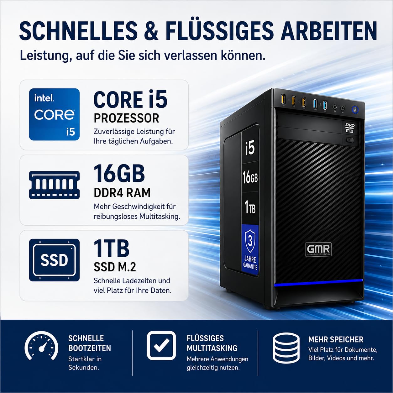 GMR Business PC für Büro, Homeoffice und Unternehmen | Bürocomputer mit Intel Core i5 | 16 GB RAM | 1 TB SSD | Windows 11 Pro | WLAN & Bluetooth | 3 Jahre Garantie