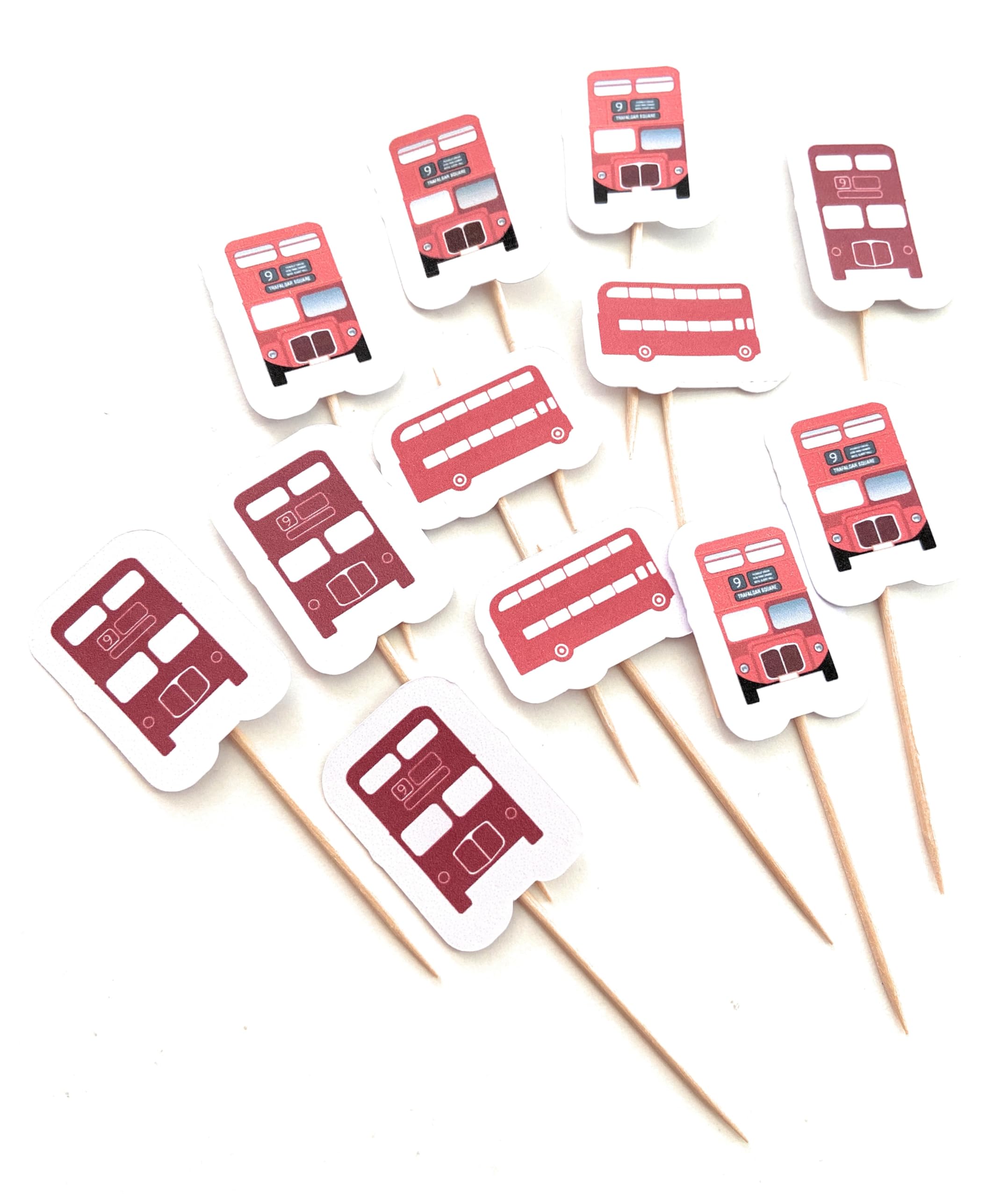 Bus cake toppers, big red bus food picks for party, 12 pack mixed transport decorarions