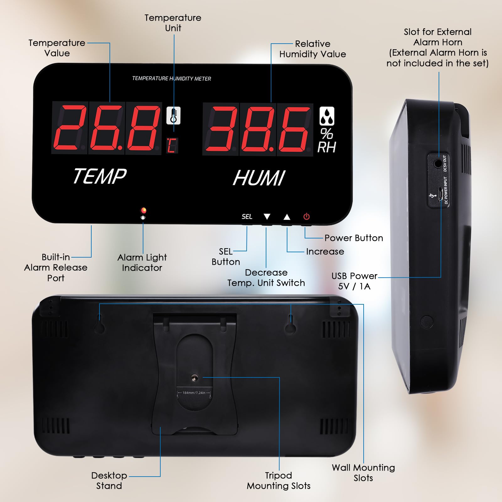 Termómetro higrómetro digital con pantalla LED grande, monitorea temperatura y humedad interiores, alarmas sonoras y visuales ajustables, sonda integrada, USB-C, montaje en pared o en mesa. en la