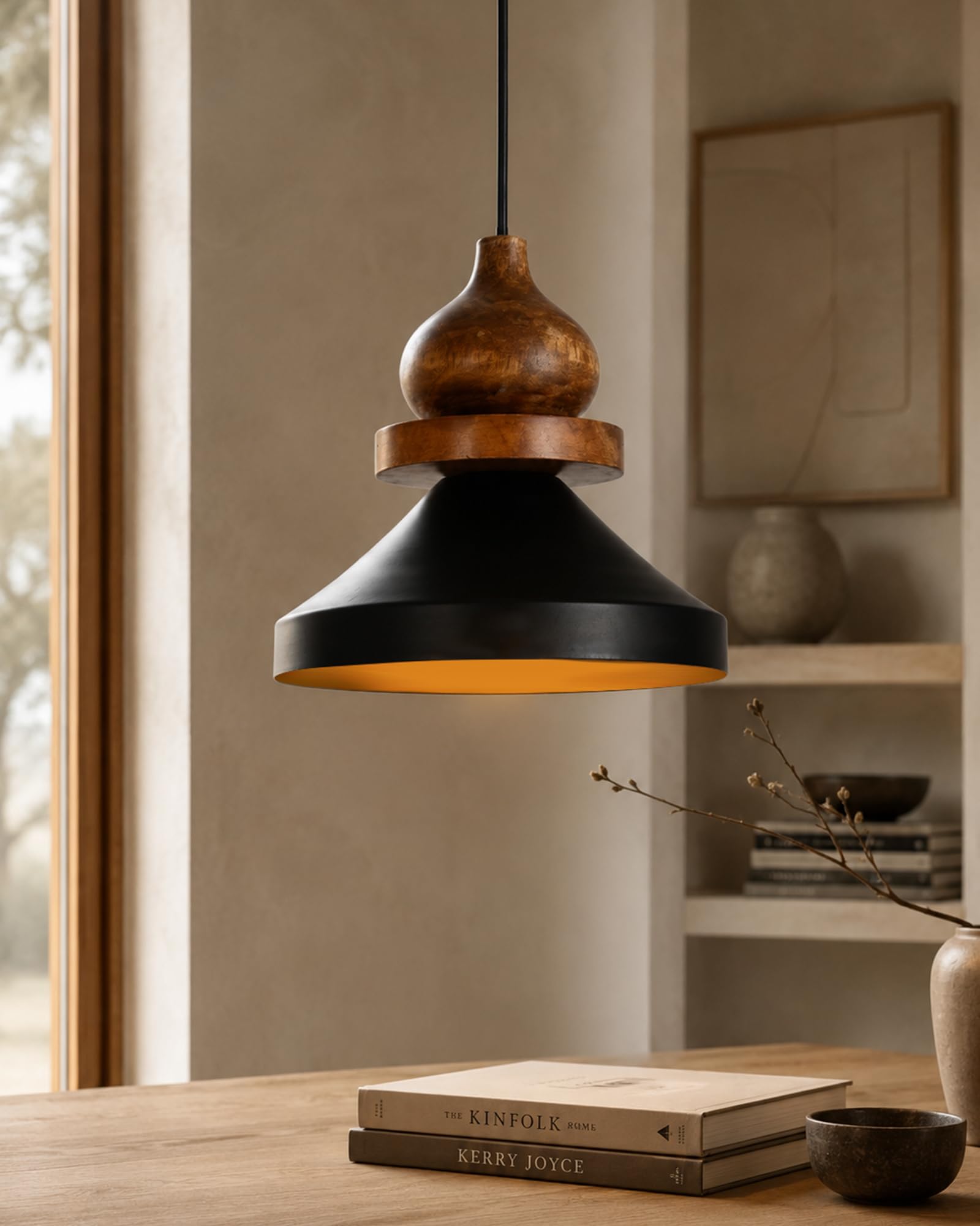 Homesake® Parker Scandinavian Wooden Pendant Light with Metal Shade, Modern Wood Hanging Ceiling Lamp for Kitchen Island, Dining Room, Living Room, Bedroom, Café & Home (Black Bud Park)-image-49
