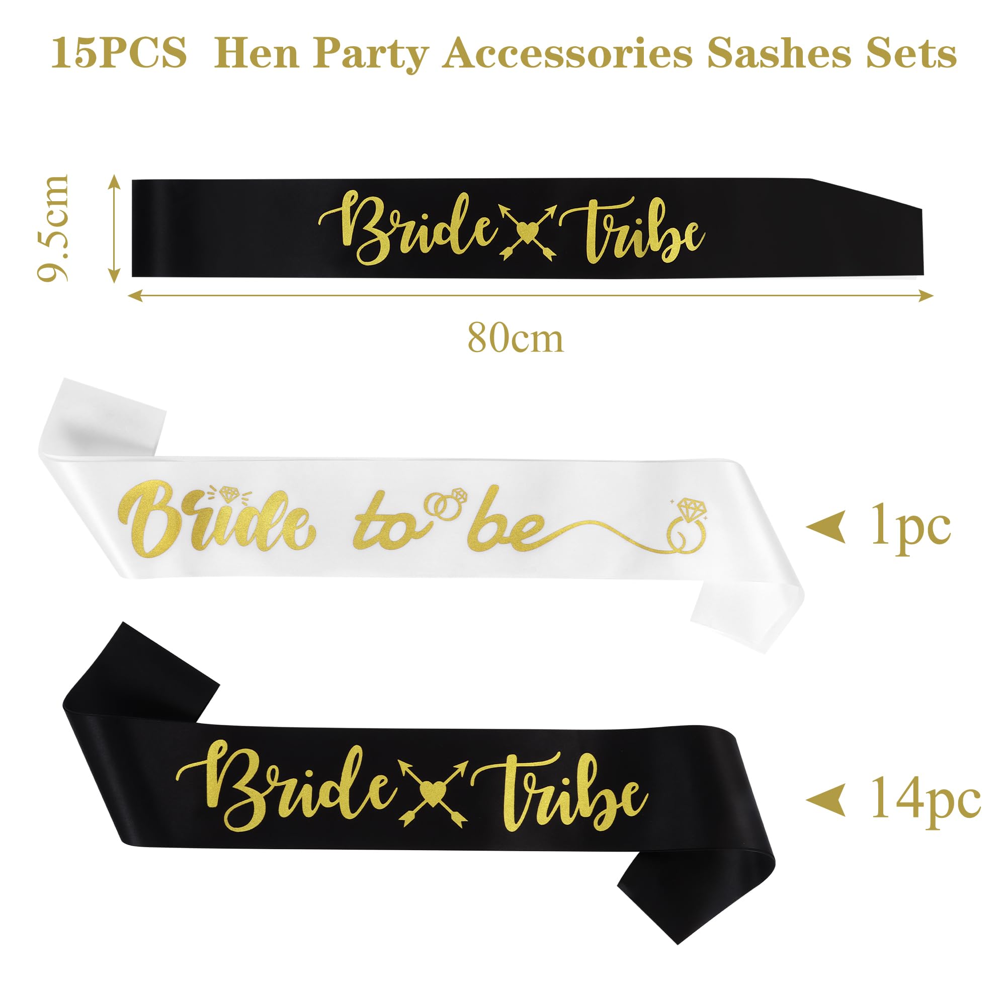 Iridsmole 15Pcs Hen Party Accessories Sashes Sets, 14 Black Gold Team Bride Sashes - Image 2