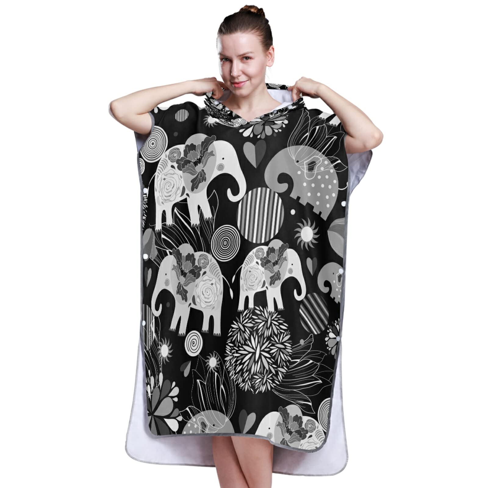 Vintage Emaillierte Elefanten-Kreise Blumen auf dunklem Surf-Poncho Wickelmantel mit Kapuze und Tasche, schnell trocknender Bademantel, Mikrofaser-Handtuch-Neoprenanzug für Bad, Strand, Outdoor