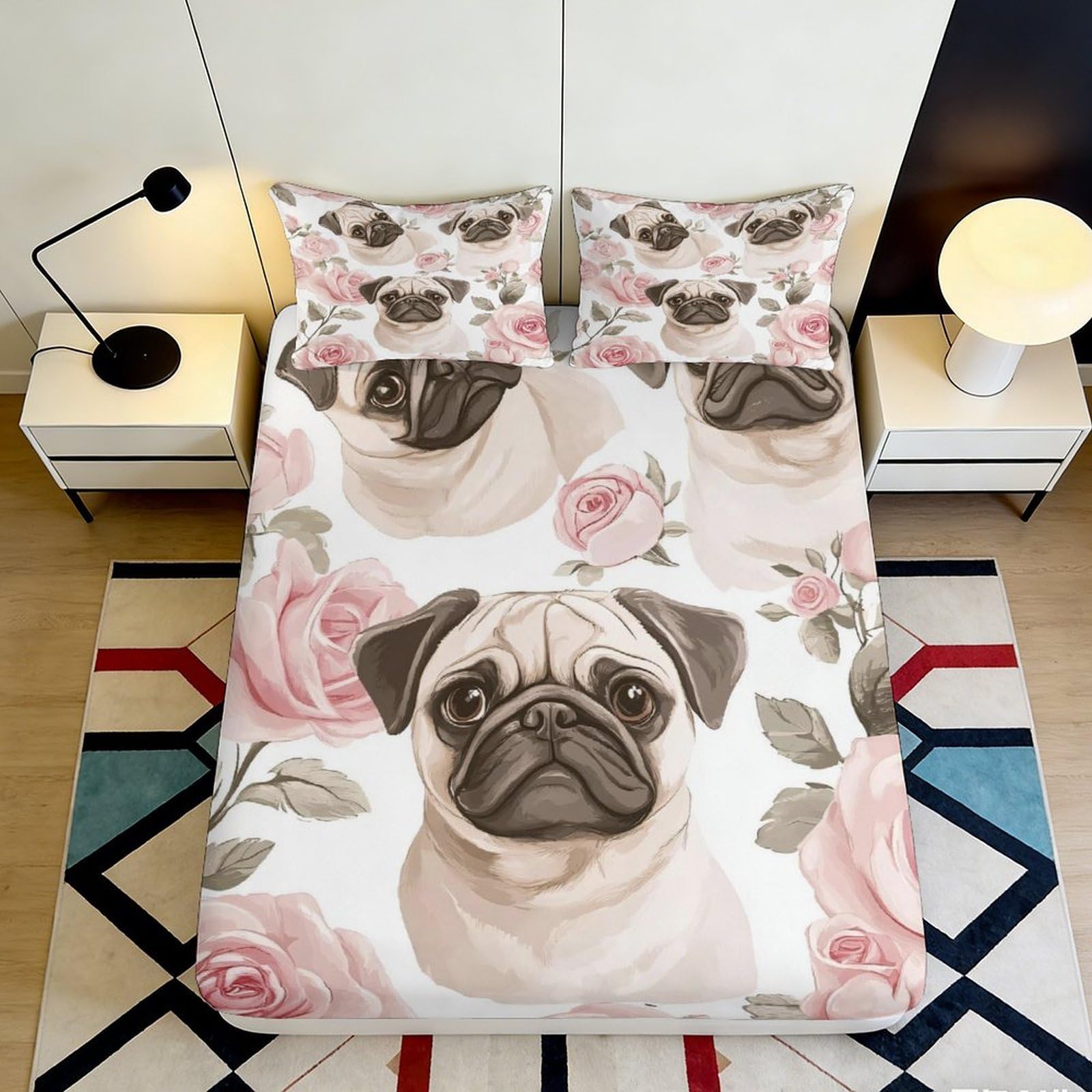 3D Printed Pug Dog Floral Fitted Sheet Microfiber Anti-Slip Machine Washable Mattress Cover for Bedroom Dorm Decor 120x200cm 120x200x25cm