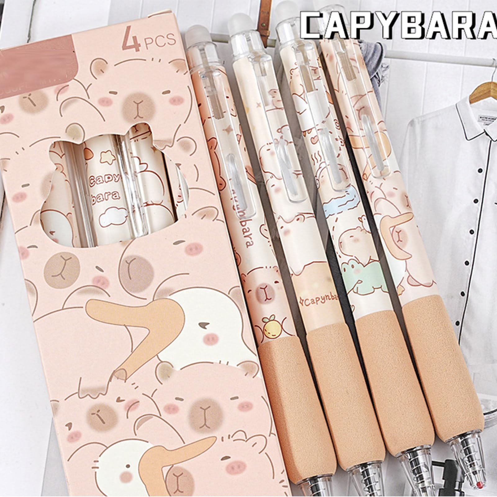 4 Pcs Cute Erasable Pens Retractable Erasable Pens Kawaii Cartoon Capybara Gel Pen 0 5mm Blue Ink Smooth — view 2
