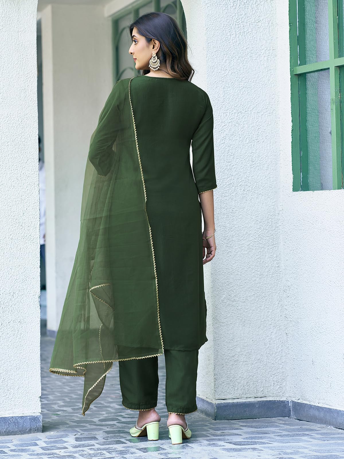 Sanisa Women's Chinnon Sequence Embroidery Work Straight Kurta With Pant And Dupatta (155Kbd1673N-Xxl_Dark Green3)