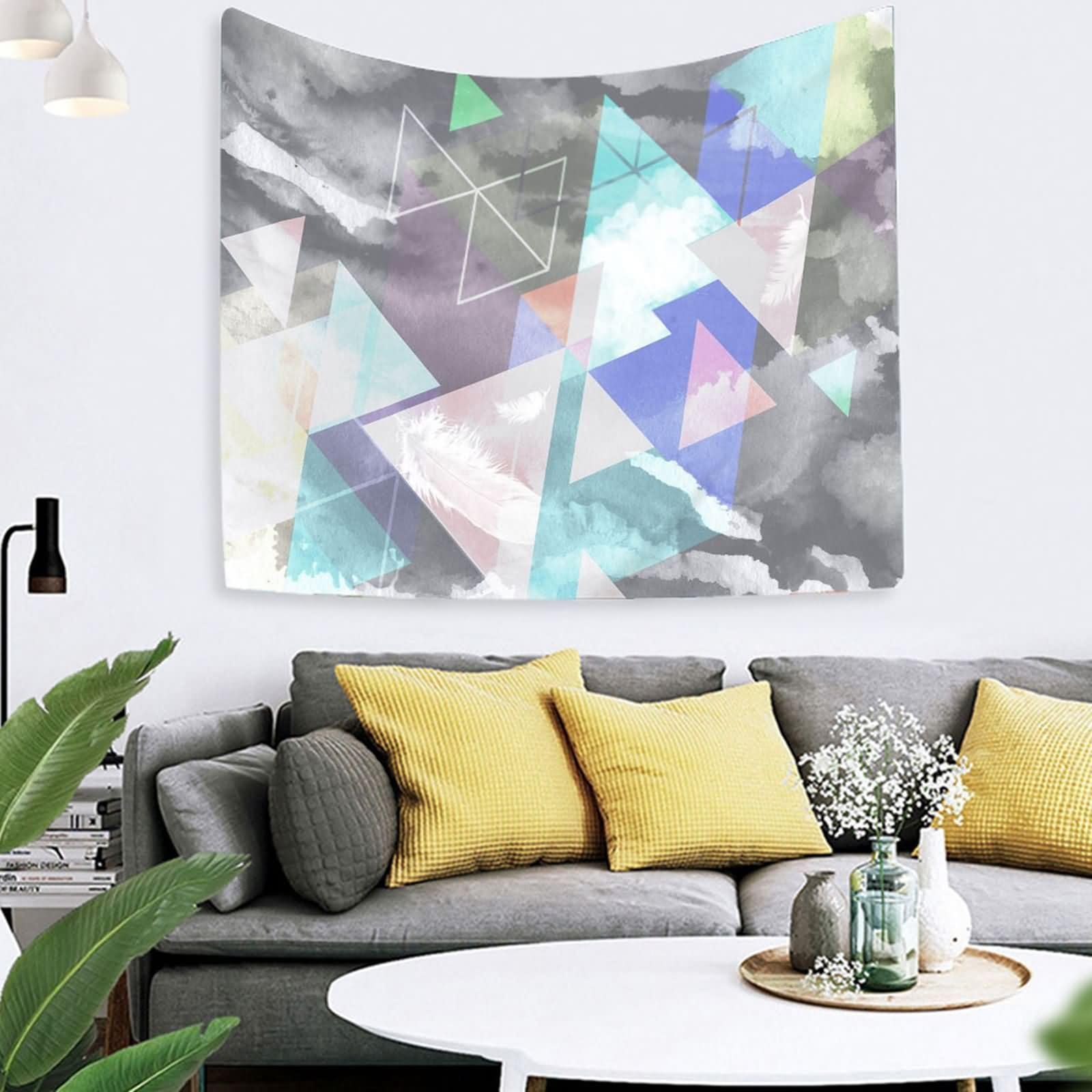 Homxi Tapiz Pared Sofá 350 x 256 CM,Tapiz para Sofa Poliéster Patrón de Triángulo Geométrico Tapices Cama Gris Azul