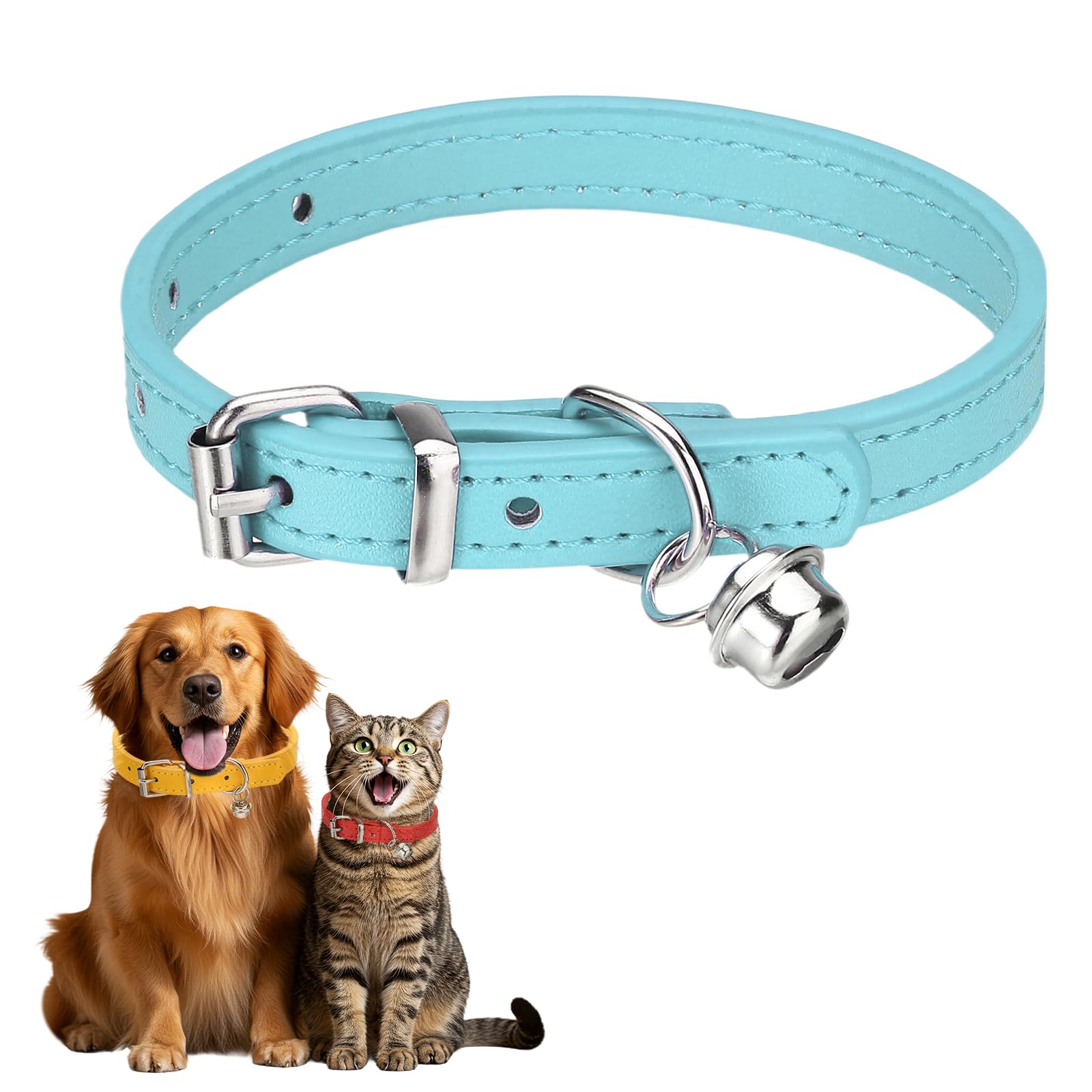 sourcing map Dog Collar with Bell, Pu Leather Cat Collars Pet Basic Soft Padded Adjustable Buckle, 10" (Sky Blue, 1 Pcs), Intended for Teacup/Little Dog/Kitten Cats/Small Animals