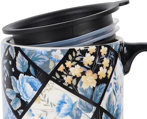 Miniatura 7 de DUSVALLY Taza de cerámica taza de café de viaje taza de café de porcelana con tapa y caja a prueba de derrames, 17 onzas, flor azul
