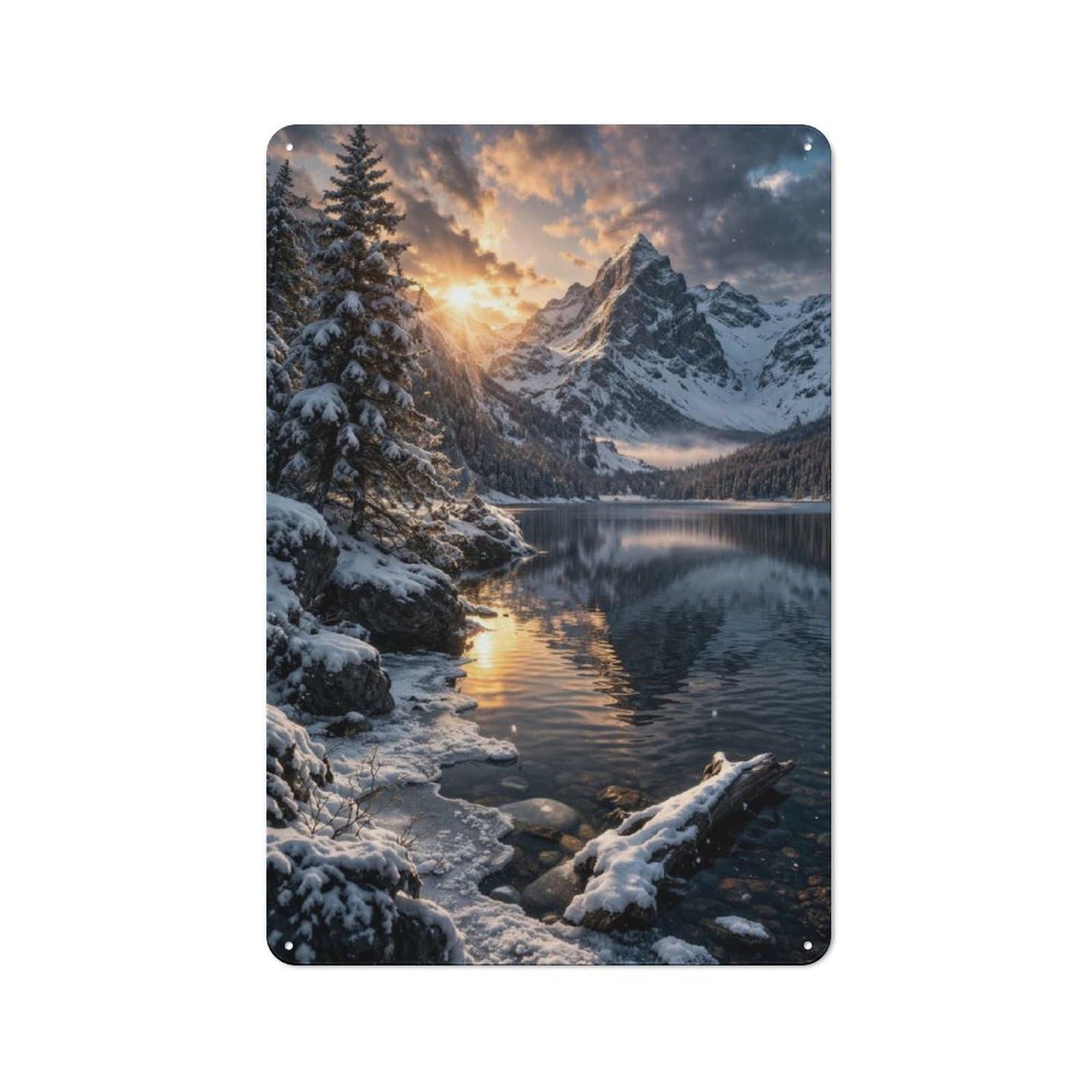 Junmoney Style-20 Loft Style Metal Wall Art Sign 30X20cm Featuring Snowy Mountain Lake At Sunset, Urban Room Decor For Loft, Studio, Office Or Creative Room