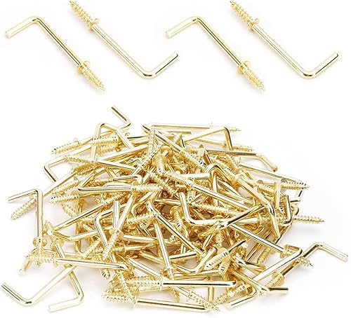 MroMax 50 ganchos de rosca dorados de 1-12 pulgadas, ganchos en forma de L, ganchos de acero al carbono de 1 forma, ganchos de ángulo recto chapados