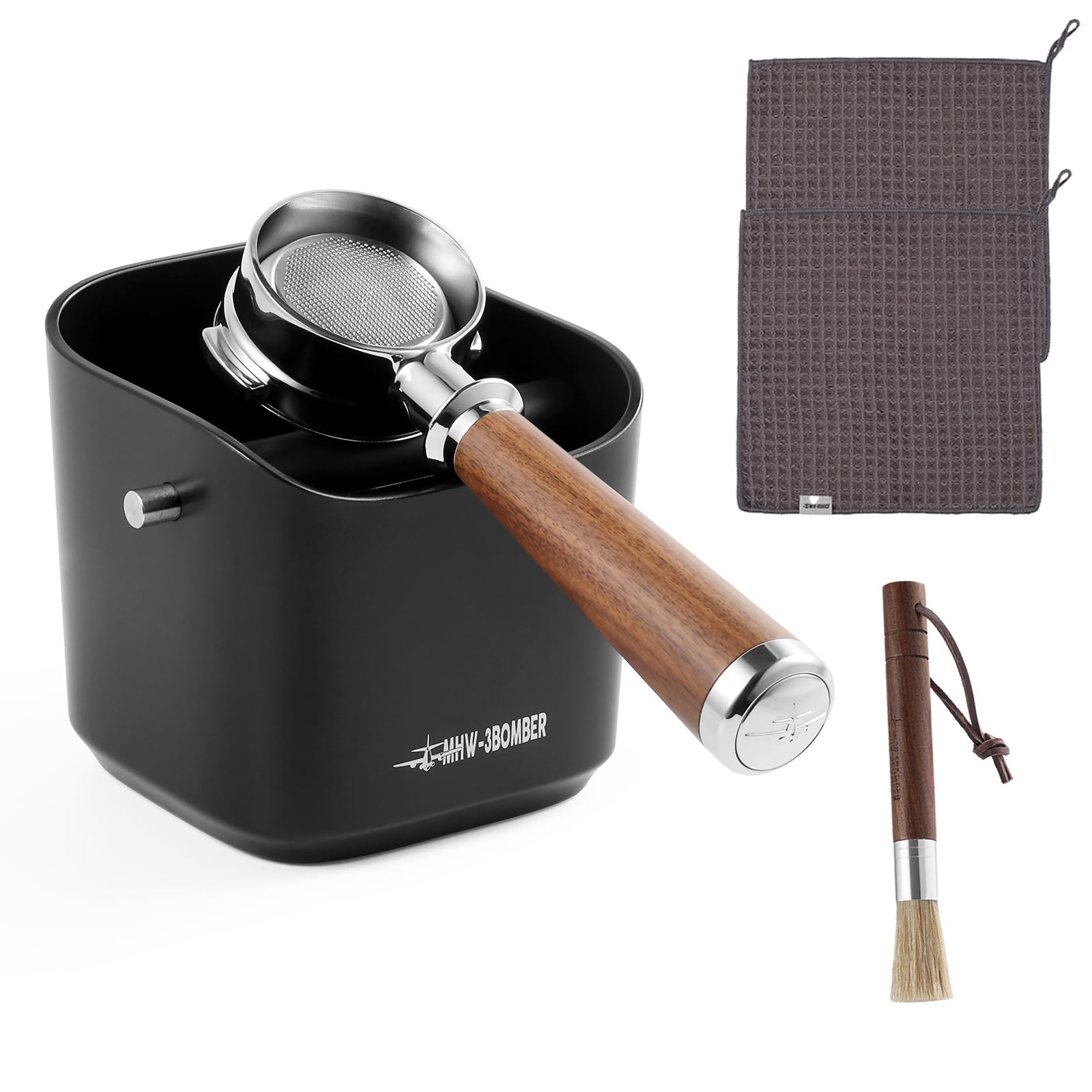 MHW-3BOMBERCoffee Knock Box Espresso Dump Bin 15 Cups 1.2L with Coffee Cleaning Brush,2Pcs Coffee Bar Towel Coffee Cleaning Set Black CS7091-OS