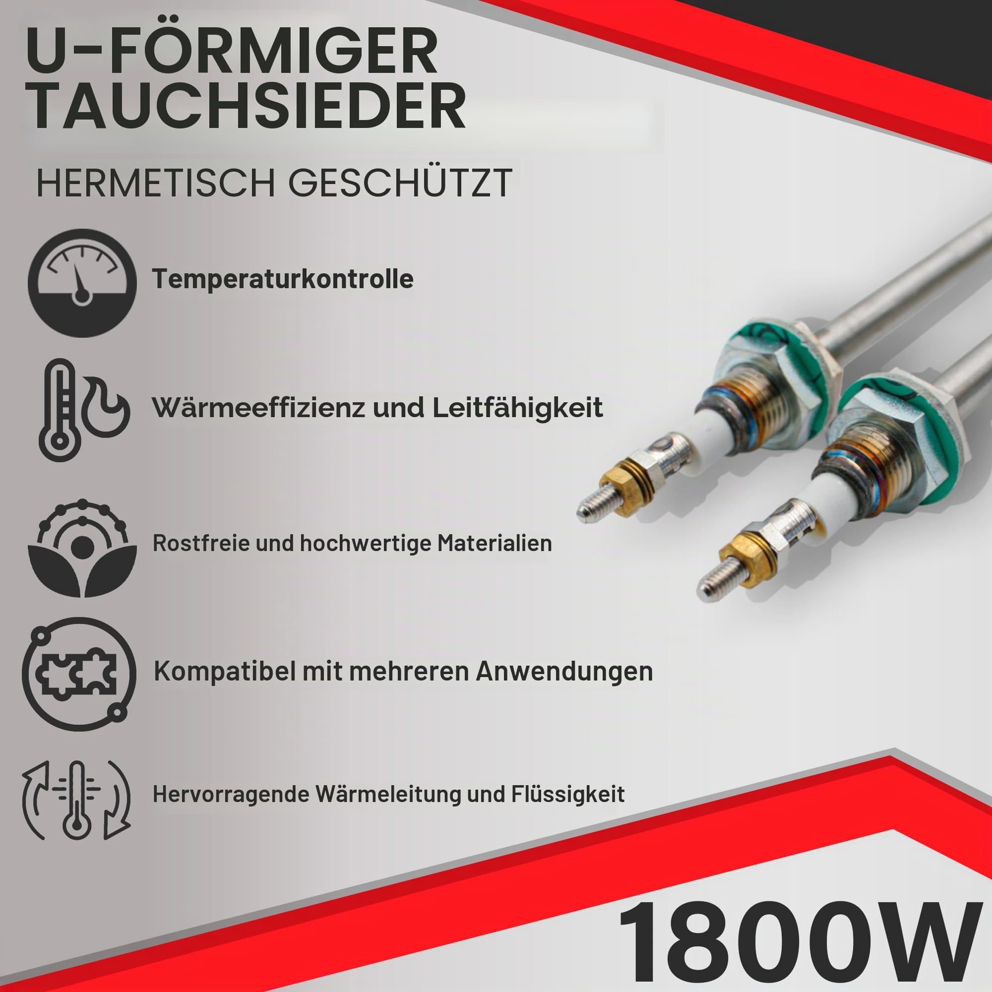 DOJA Barcelona | U-Tauchsieder | 1800W | U-Heizelement zum Erwärmen von Flüssigkeiten | 47cm | Elektrischer Reise Warmwasserbereiter | U-Heizelement zum Erwärmen von Wasser | 230V | Eimer-Heizung