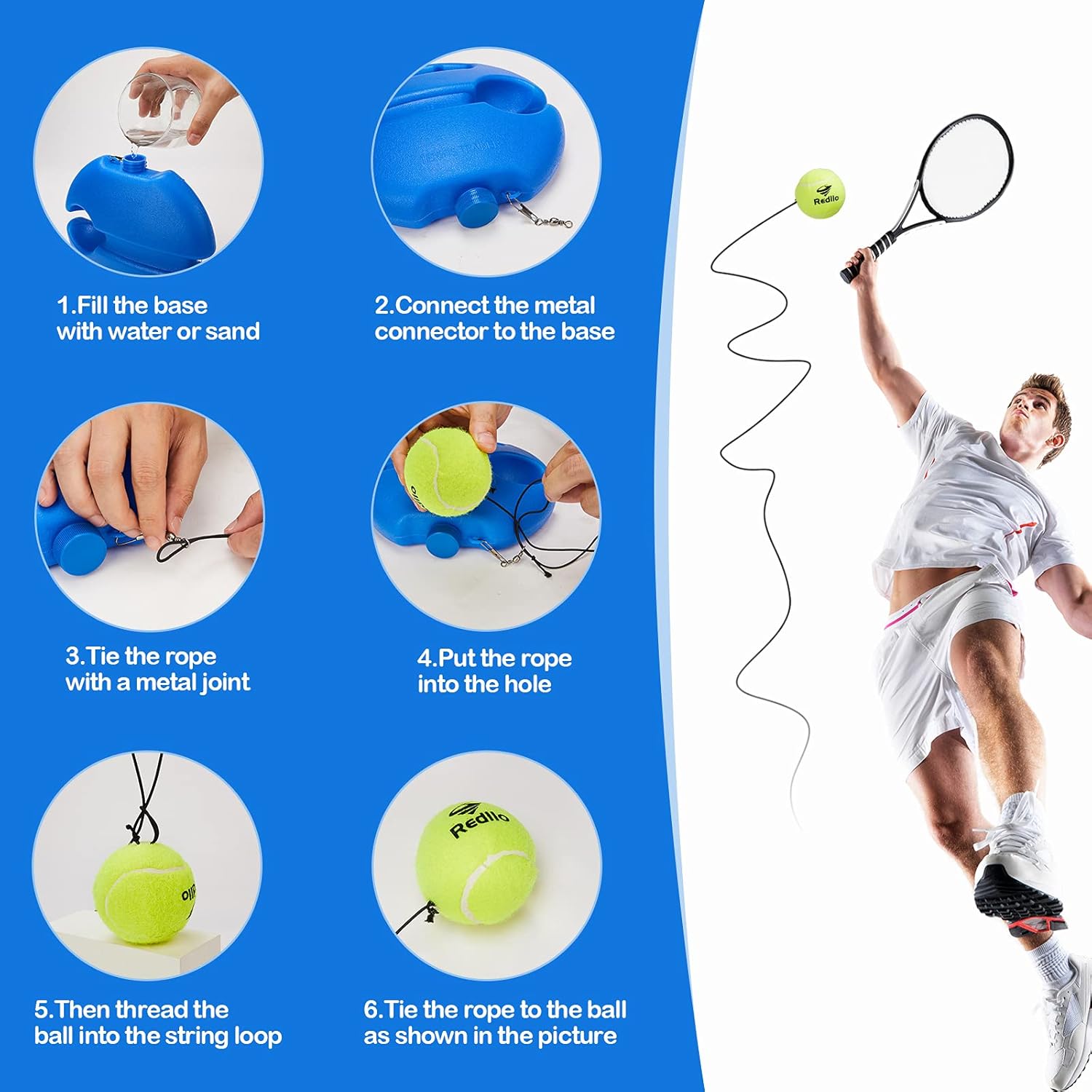 Redllo Solo Tennis Trainer Rebound -Portable Tennis Equipment for Self-Practice Includes 4 String Balls 2 Tennis Vibration Dampeners.Works for Aduls, Kids, Beginners : Sports & Outdoors