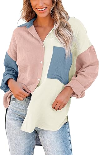 Camisas de manga larga con botones y bloques de color para mujer 2023