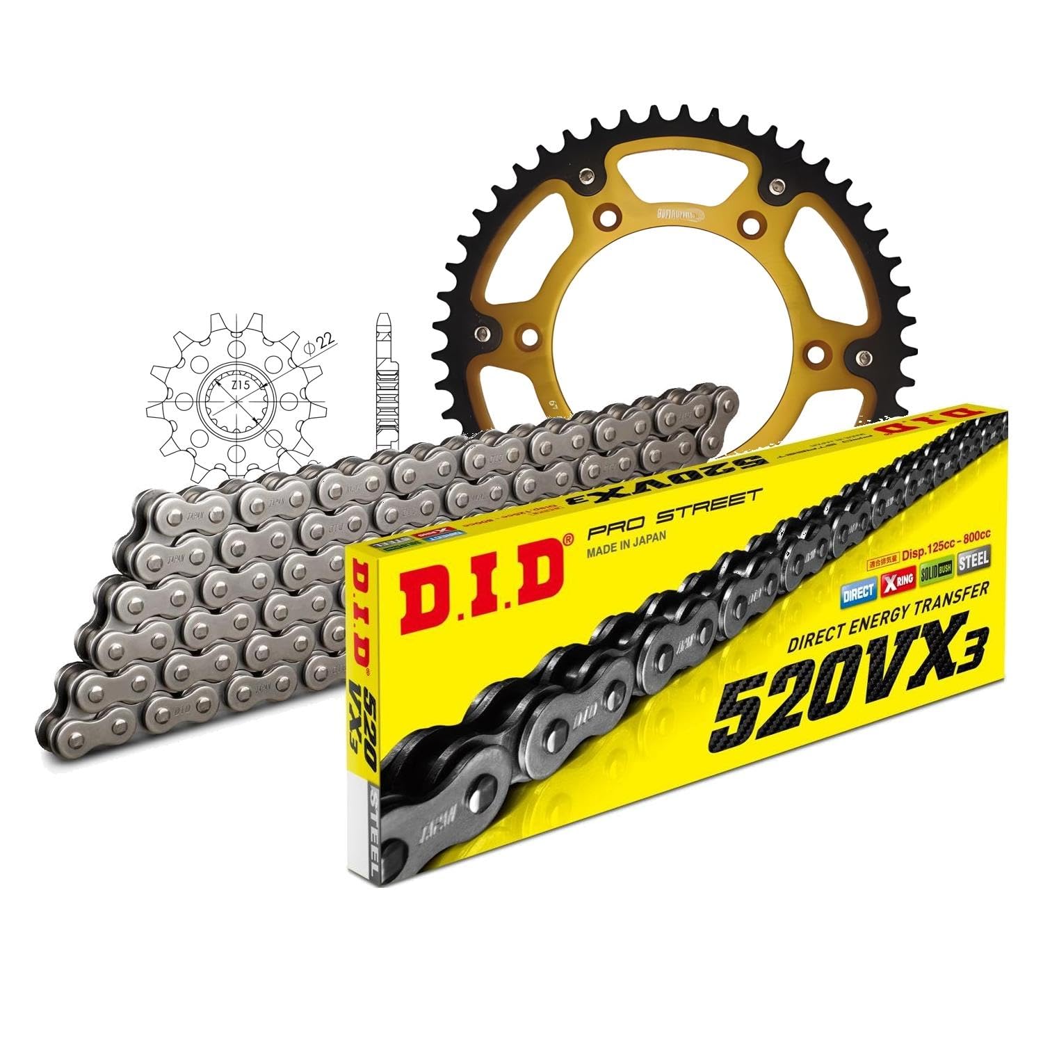Jeu de chaînes DID Stealth 520VX3/118 - Serrure à clip dorée - Pour KTM Duke SX EXC Racing SX-F Racing LC4 EGS Super Competition RC EXC-F 150-520 cm3