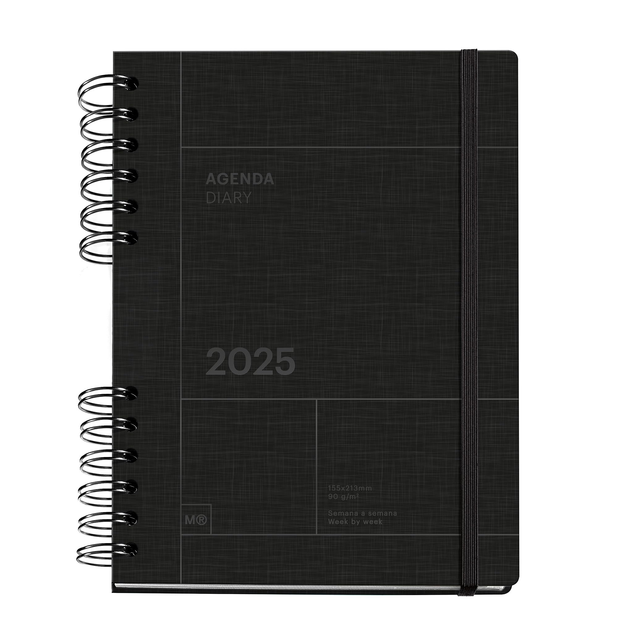 Miquelrius - Agenda 2025, Tamaño 155 x 213 mm, Agenda semana vista, Cubierta cartón forrado, Papel sostenible 100 g/m², Cierre goma, Español, Inglés y Portugués, Negro