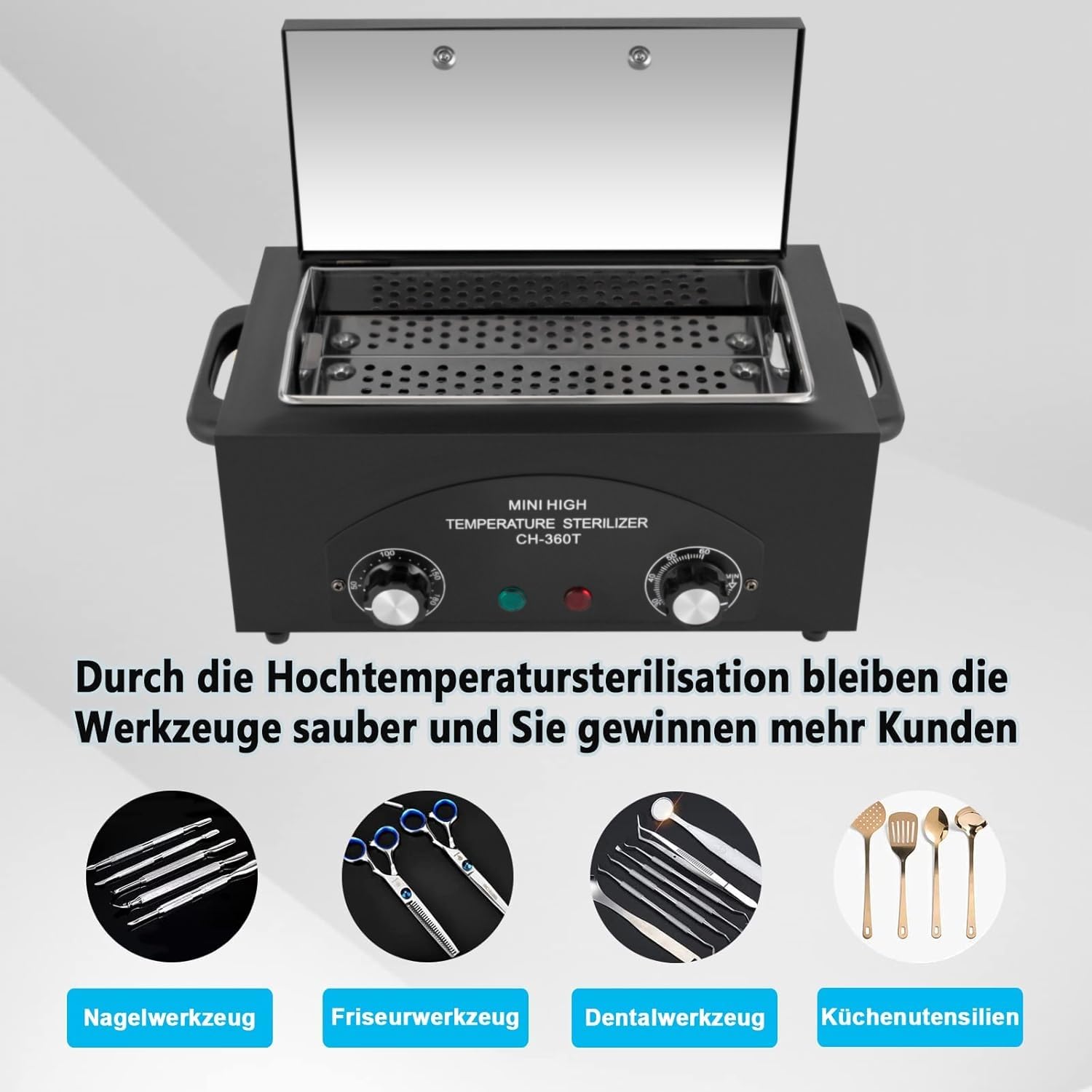 300W Heißluftsterilisator Desinfektion 220℃ Sterilisationsgerät Hochtemperatur Sterilisator Desinfektionsschrank für Nagelwerkzeuge, Schönheitssalon, Friseursalon, Timer 1-60 Minuten (Schwarz)