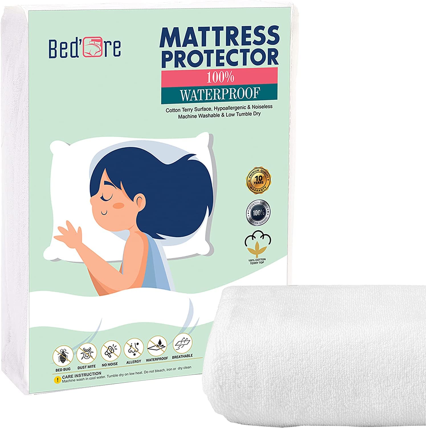 Bed'Ore 100% Waterproof Mattress Protector Terry Top - Deep 30cm Fitted Skirt - Waterproof Single Mattress Protector - Super Absorbent - Machine Washable - Single (90x190) cm