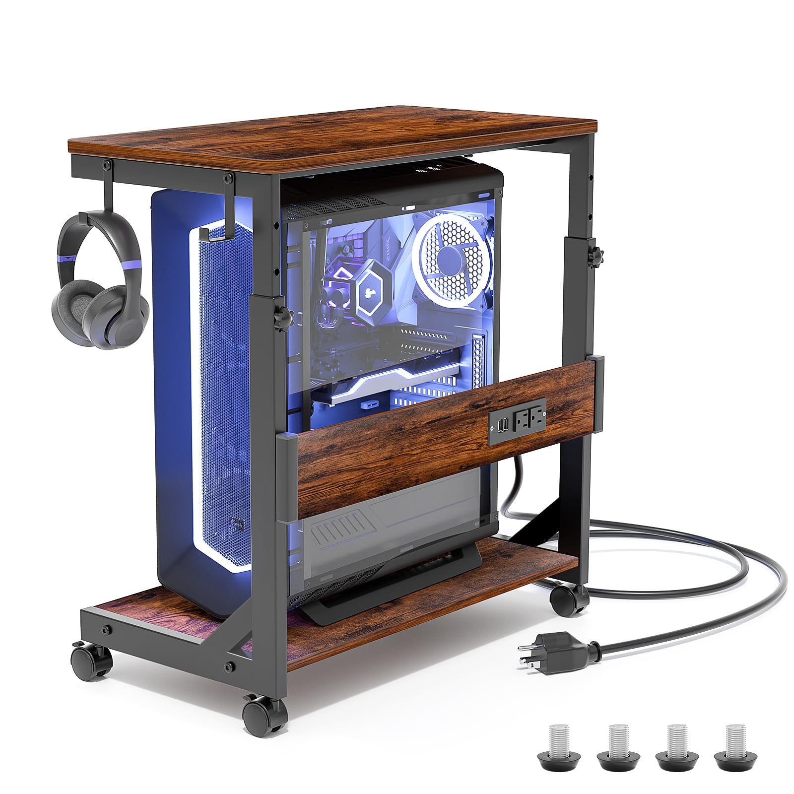 Height Adjustable Computer Tower Stand with Charge Station and USB Charging Port 2-Tier ATX-Case Cart Under Desk Mobile