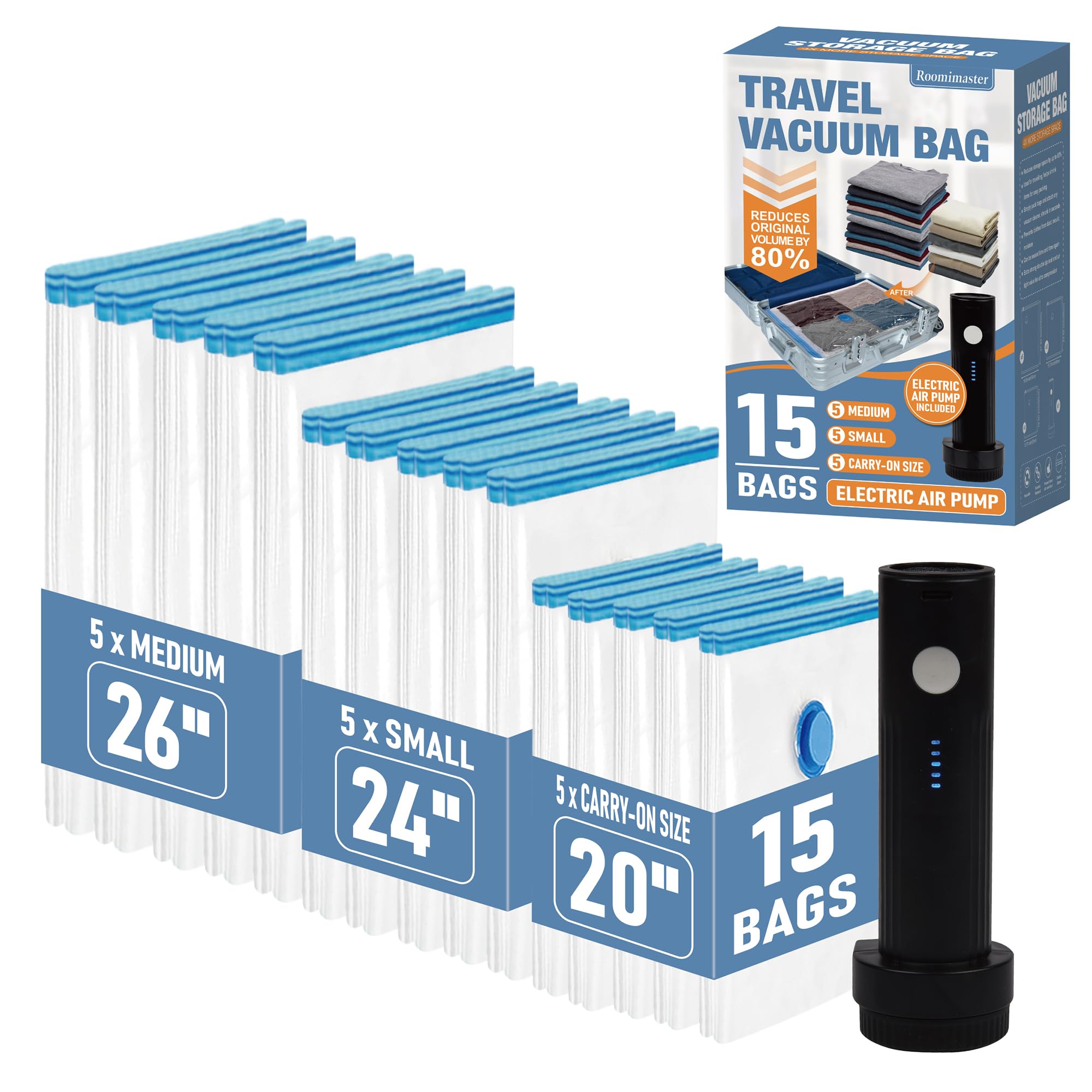 Roomimaster Vacuum Storage Bags, Vacuum Seal Space Saver Bags for Clothing, Travel Lugggage, Carry-on, Blankets, Comforters, Pillow, Bedding, 15 EPump