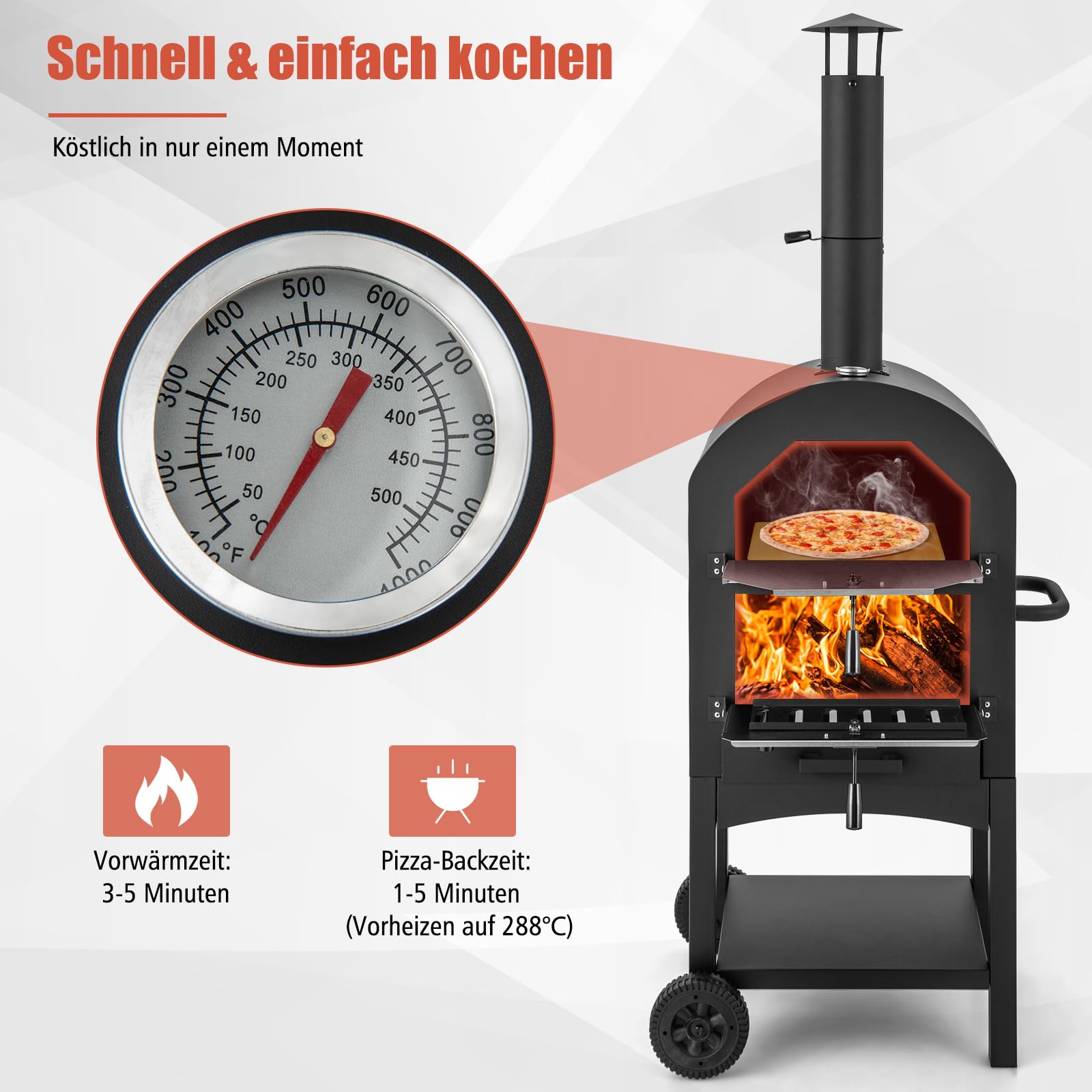 COSTWAY Pizzaofen Outdoor, holzbefeuerter Pizza Ofen mit Thermometer, Griff, Rädern, wasserdichter Abdeckung, Ascheauffangschublade