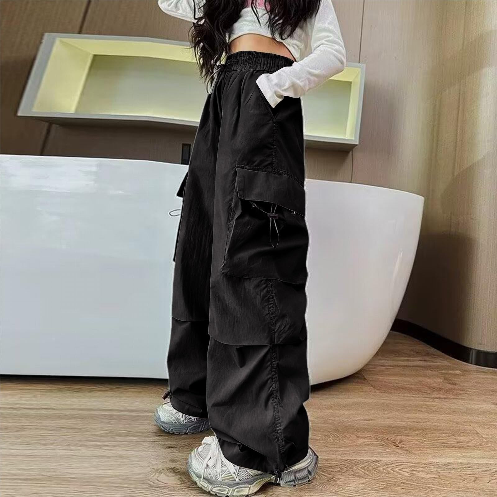 Pantalones cargo plisados para niñas, cintura elástica, rectos, holgados, de pierna ancha, pantalones deportivos para adolescentes