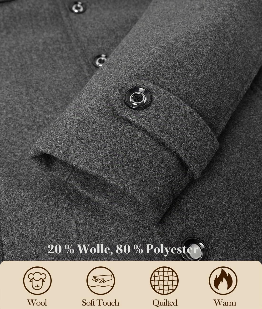 Herren Wintermantel Wolle Kurzmantel Schwarz Wollmantel Stehkragen Winterjacke Mittellang Business Freizeit Gepolstert Gefüttert Peacoat